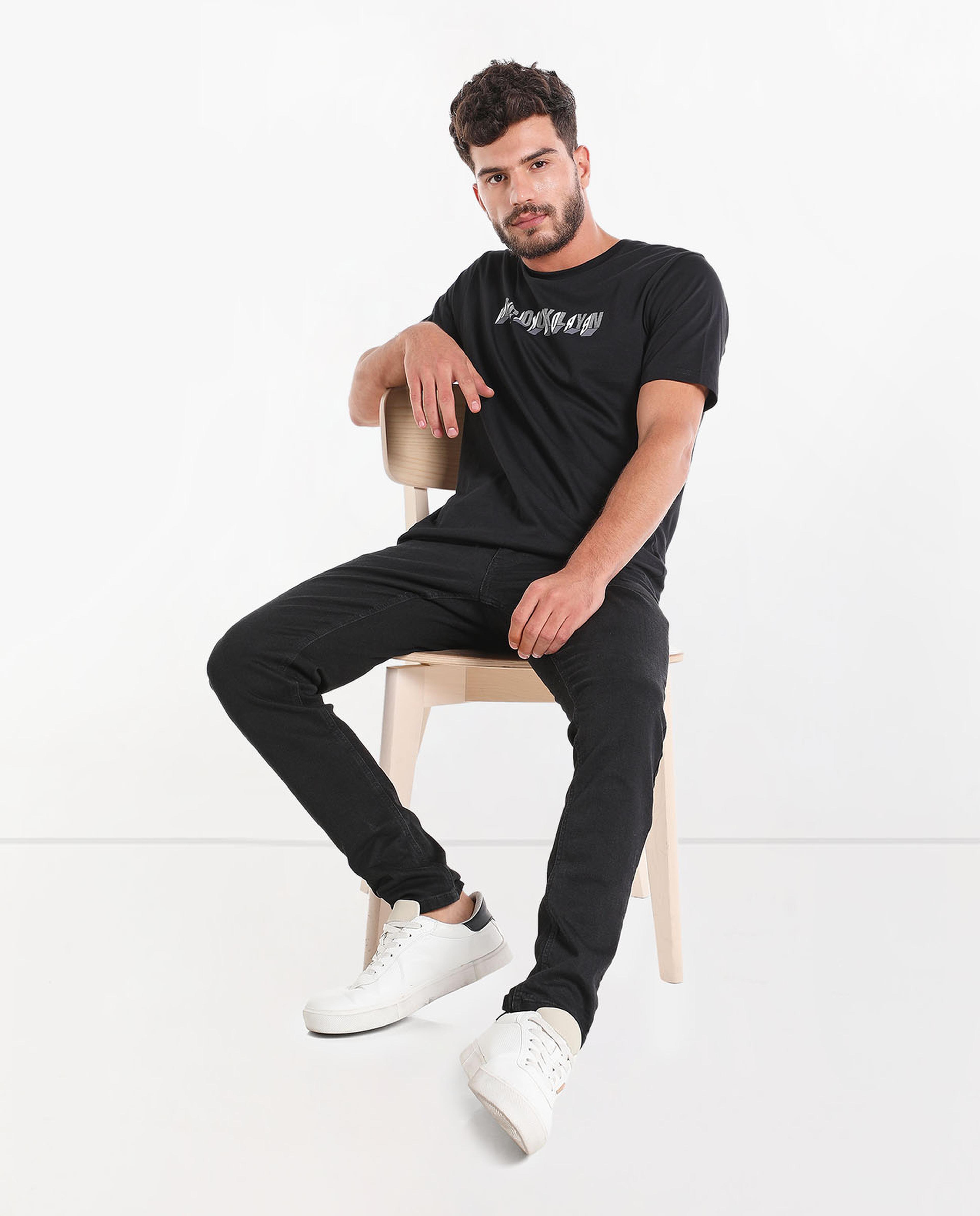 Typography Printed T-Shirt with Round Neck and Short Sleeves