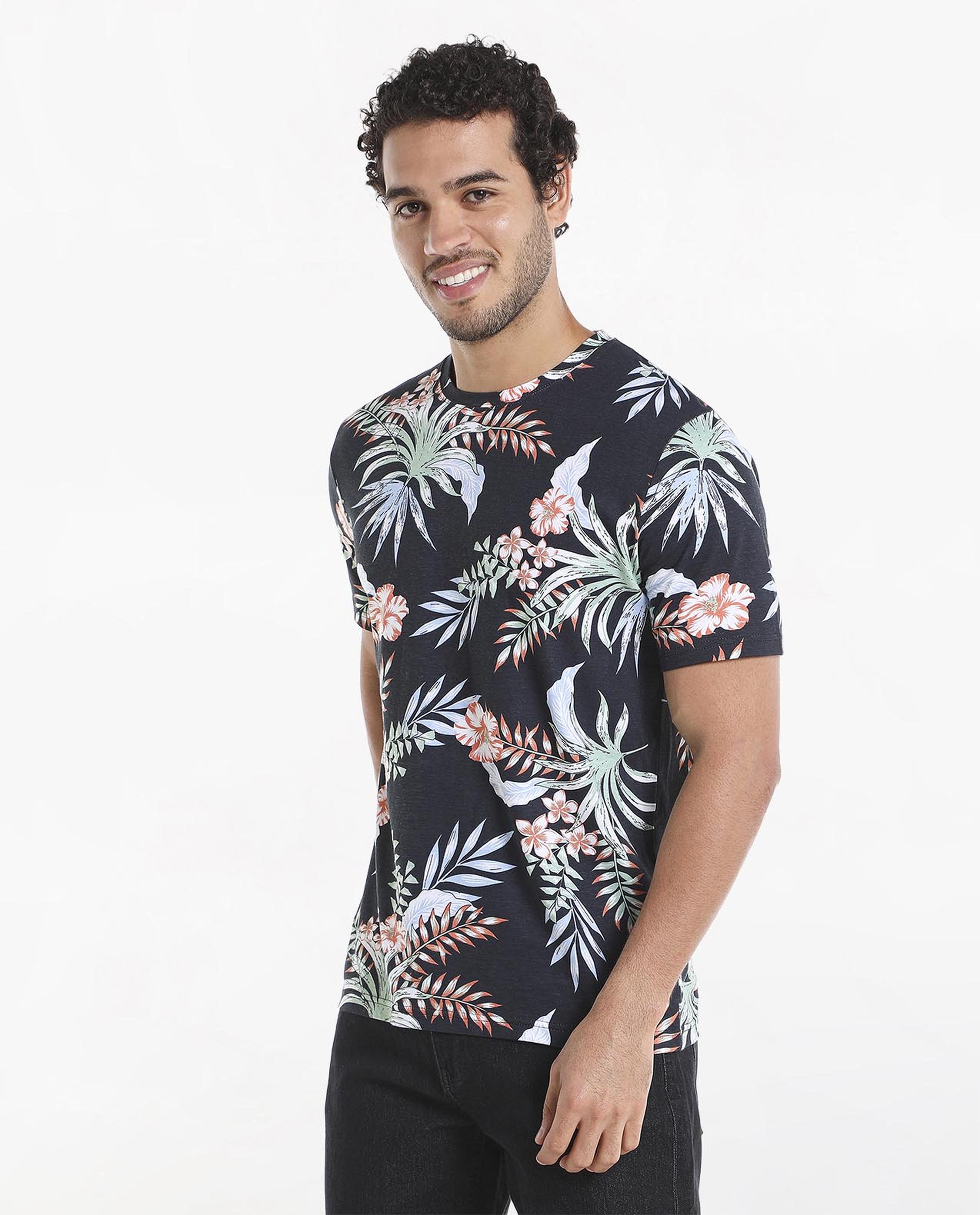 Tropical Printed T-Shirt with Short Sleeves