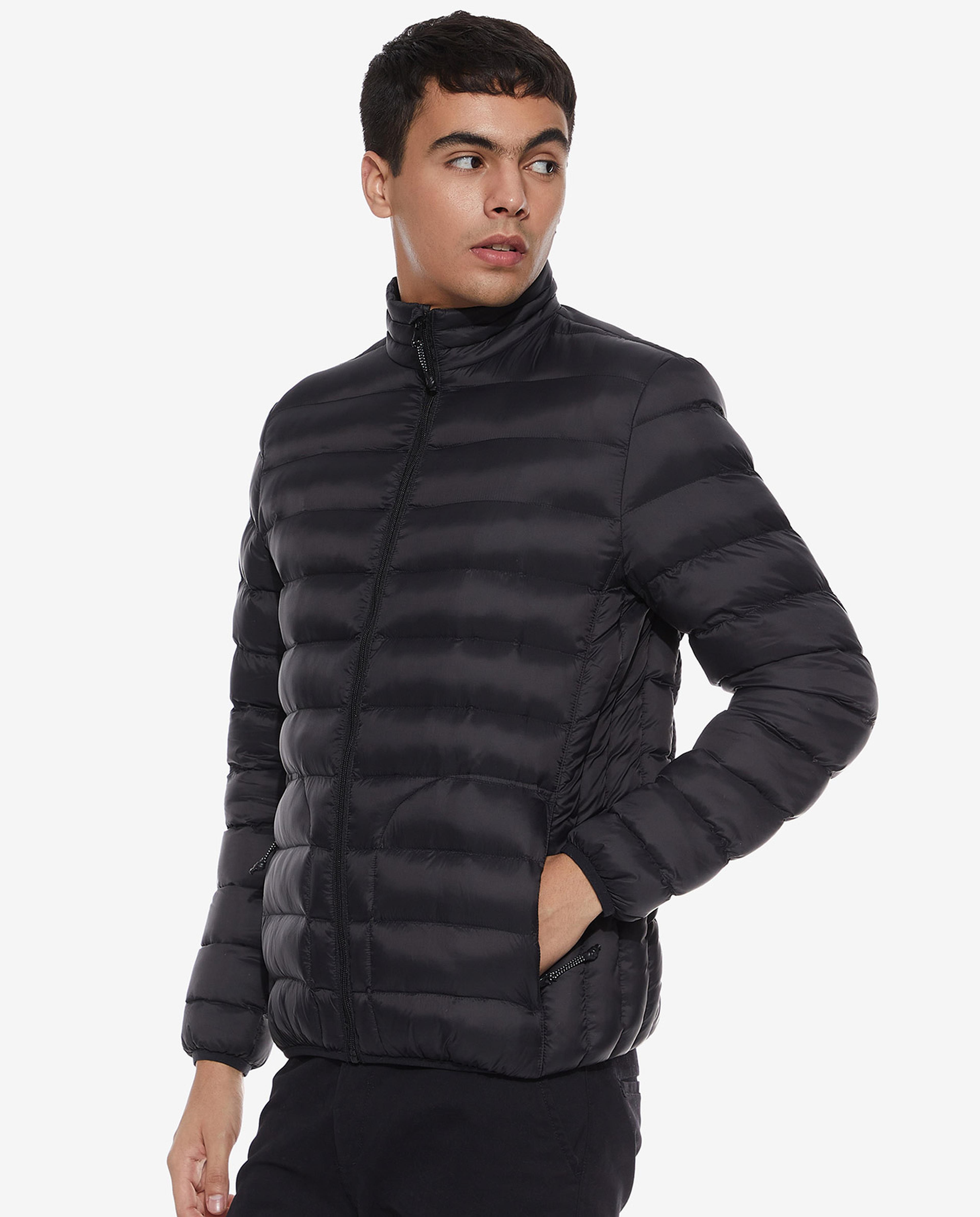 Solid Puffer Jacket with Zippered Closure