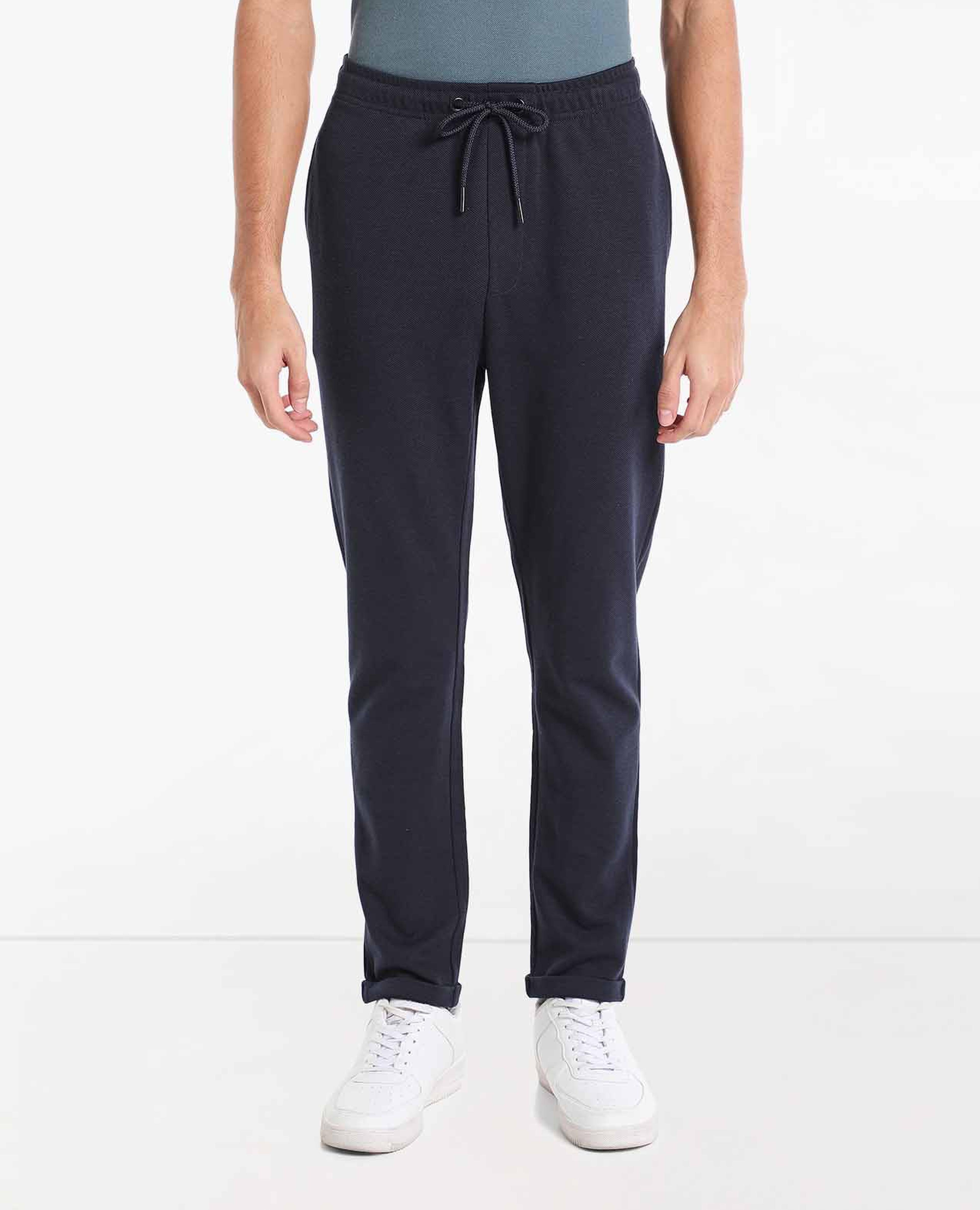 Solid Mid-Rise Casual Knitted Track Pants With Drawstring Closure
