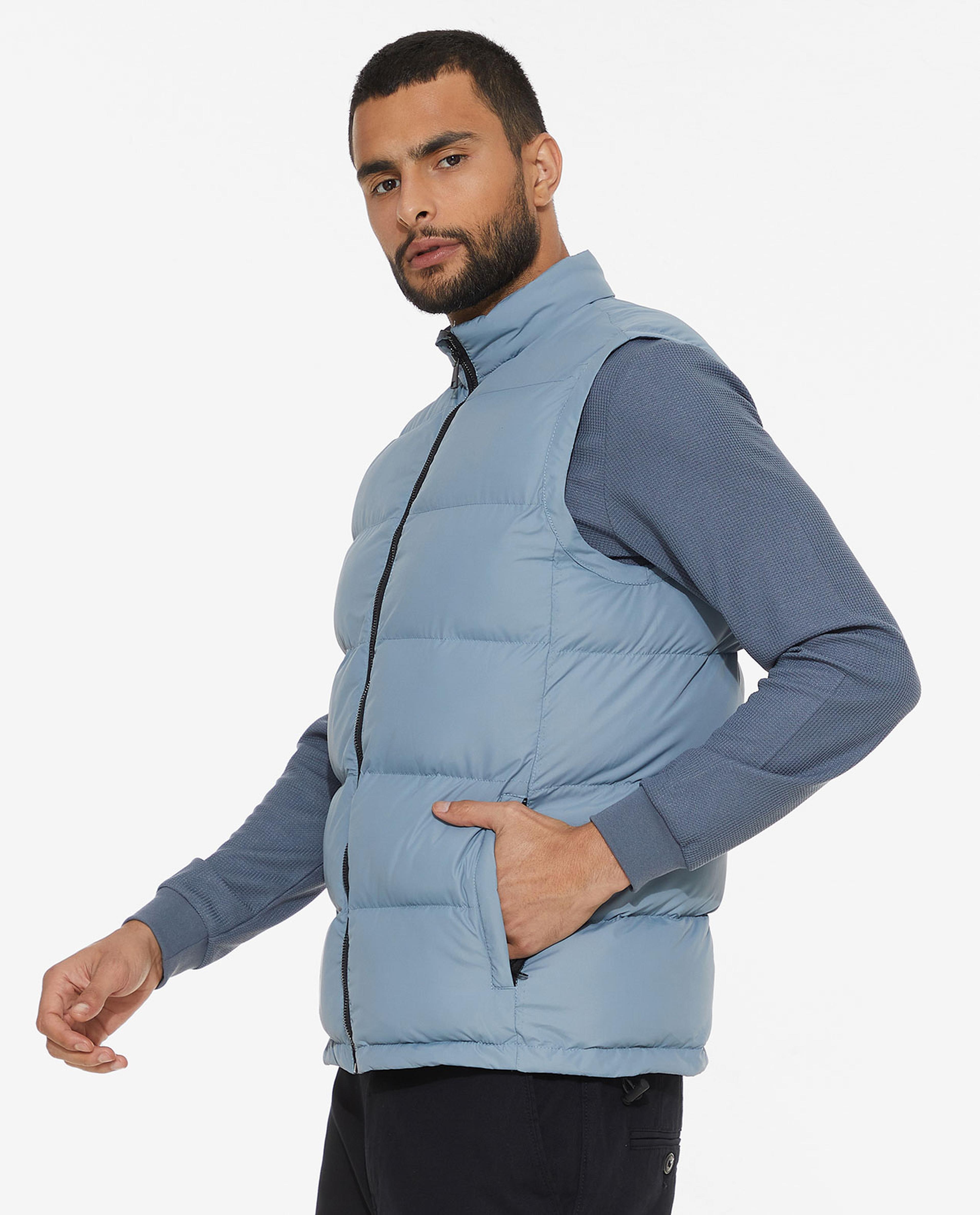 Solid Puffer Vest Jacket with Zippered Closure