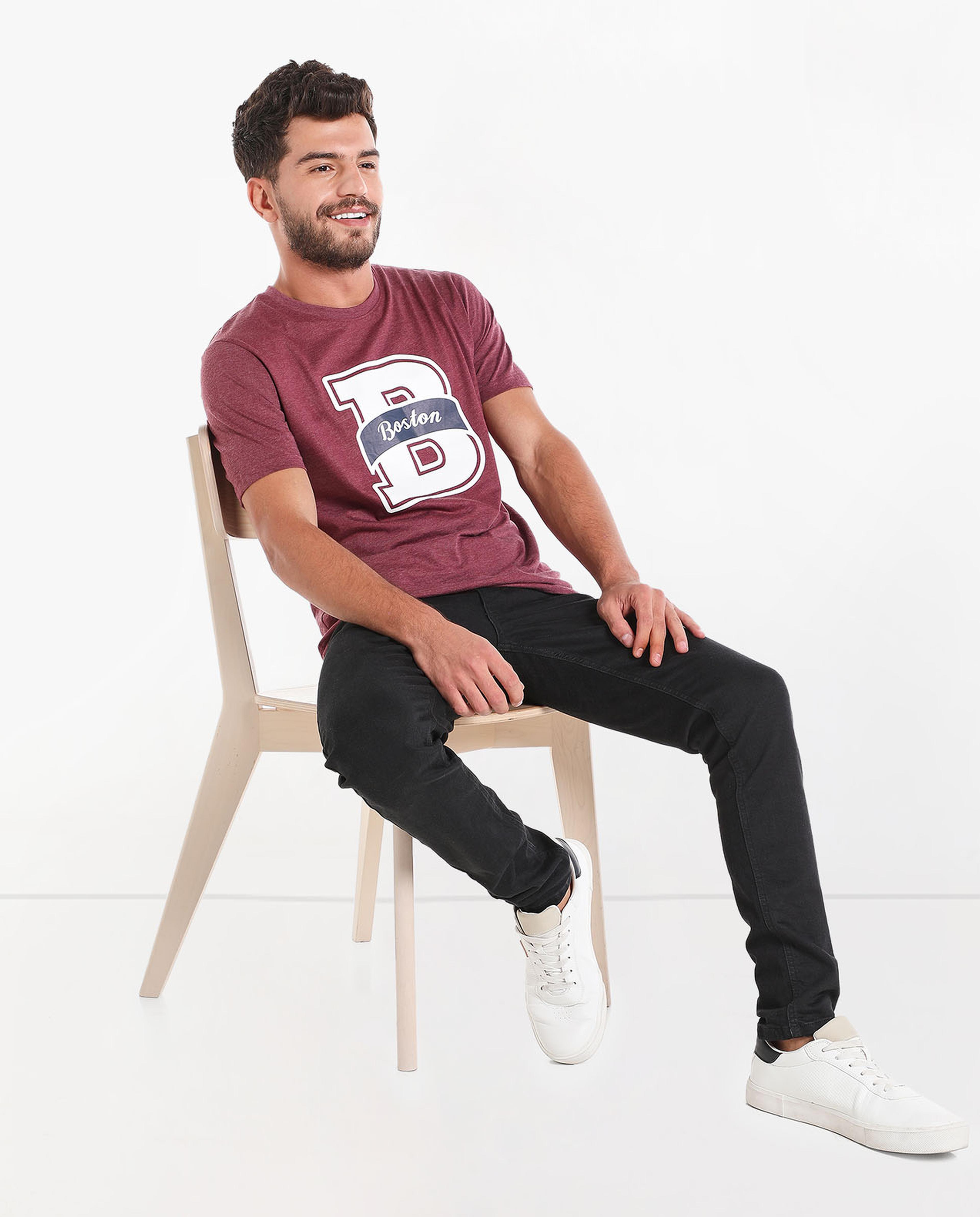 Typography Printed T-Shirt With Round Neck And Short Sleeves
