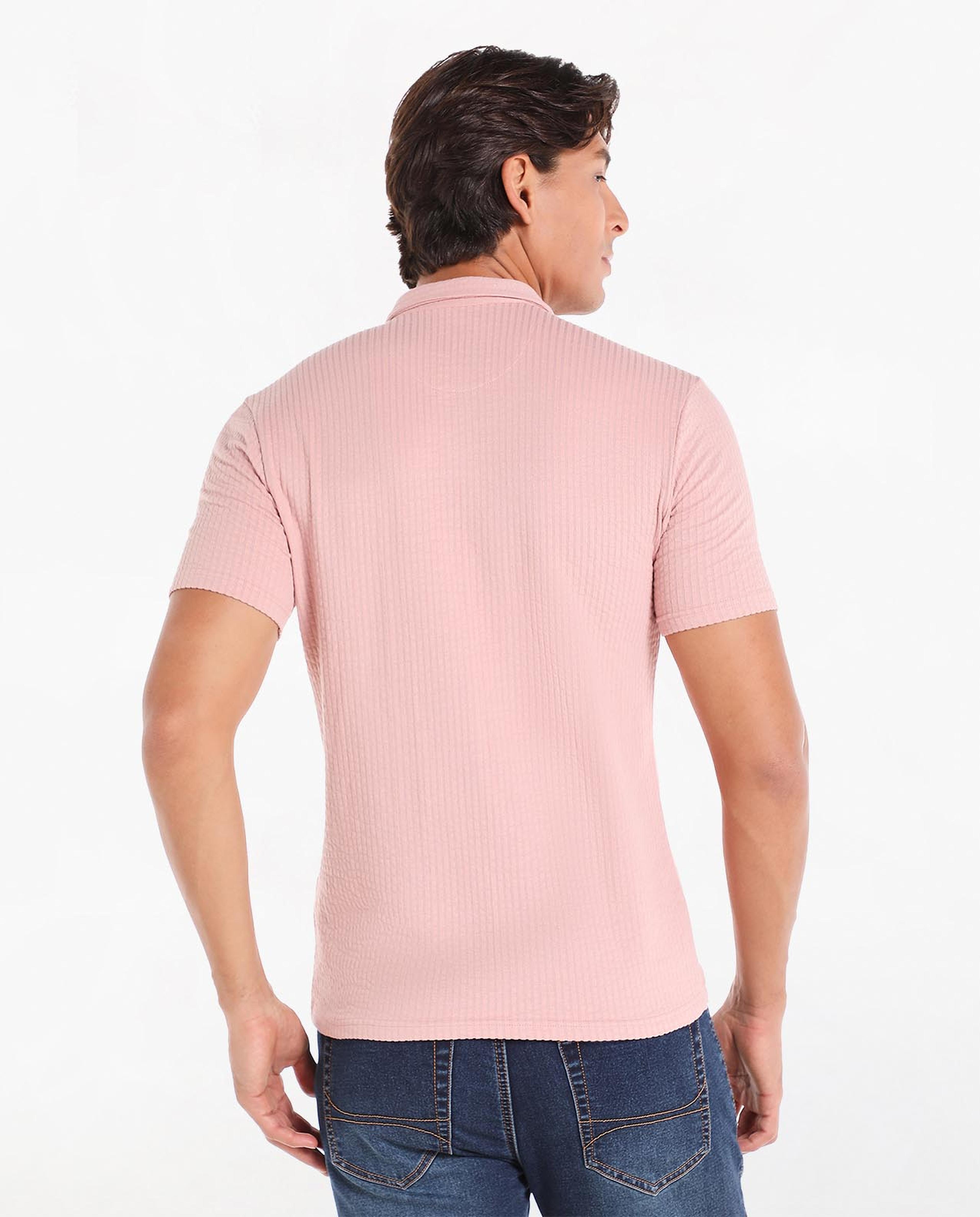 Ribbed T-Shirt with Polo Collar and Short Sleeves