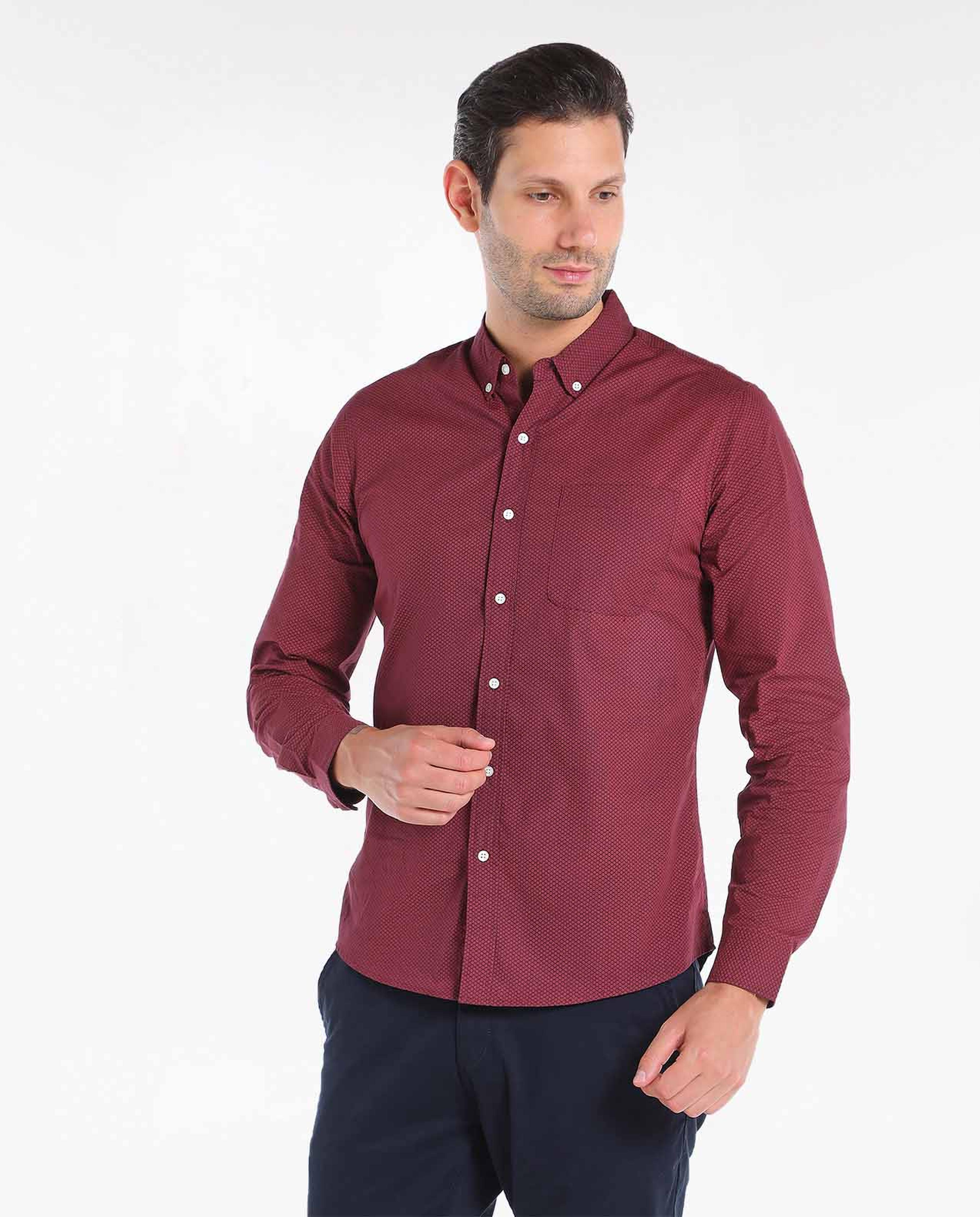 Solid Shirt with Button-Down Collar and Long Sleeves