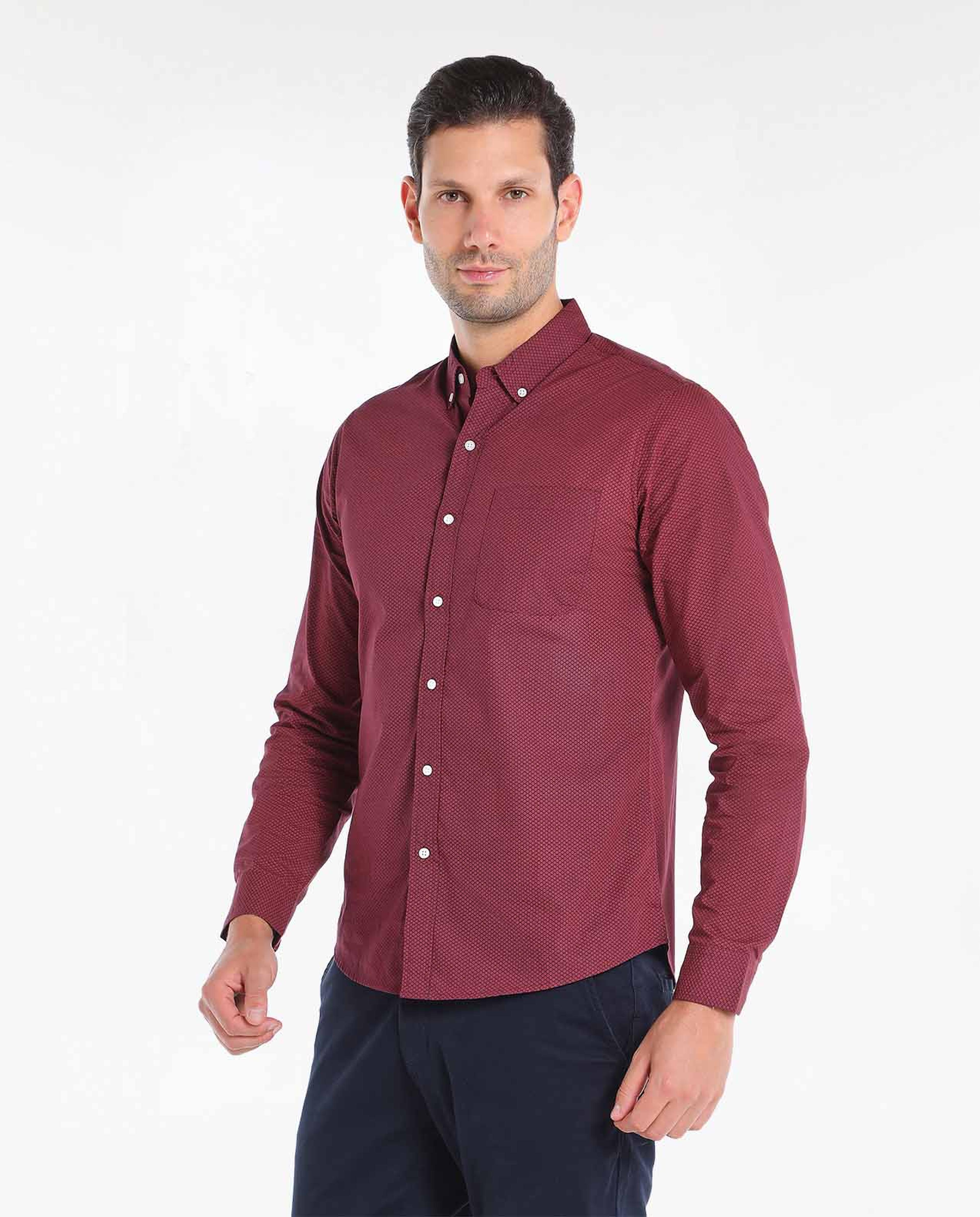 Solid Shirt with Button-Down Collar and Long Sleeves