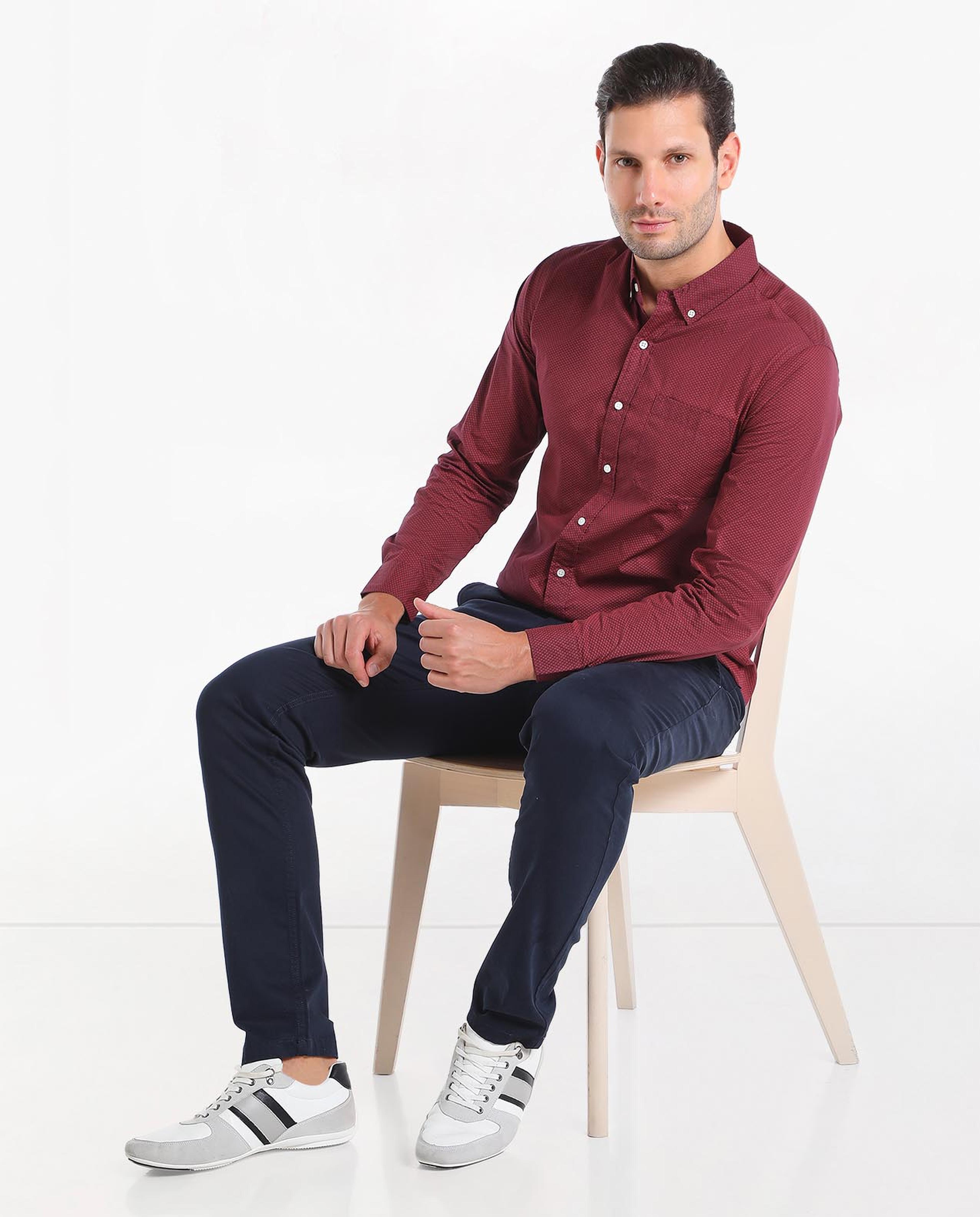Solid Shirt with Button-Down Collar and Long Sleeves