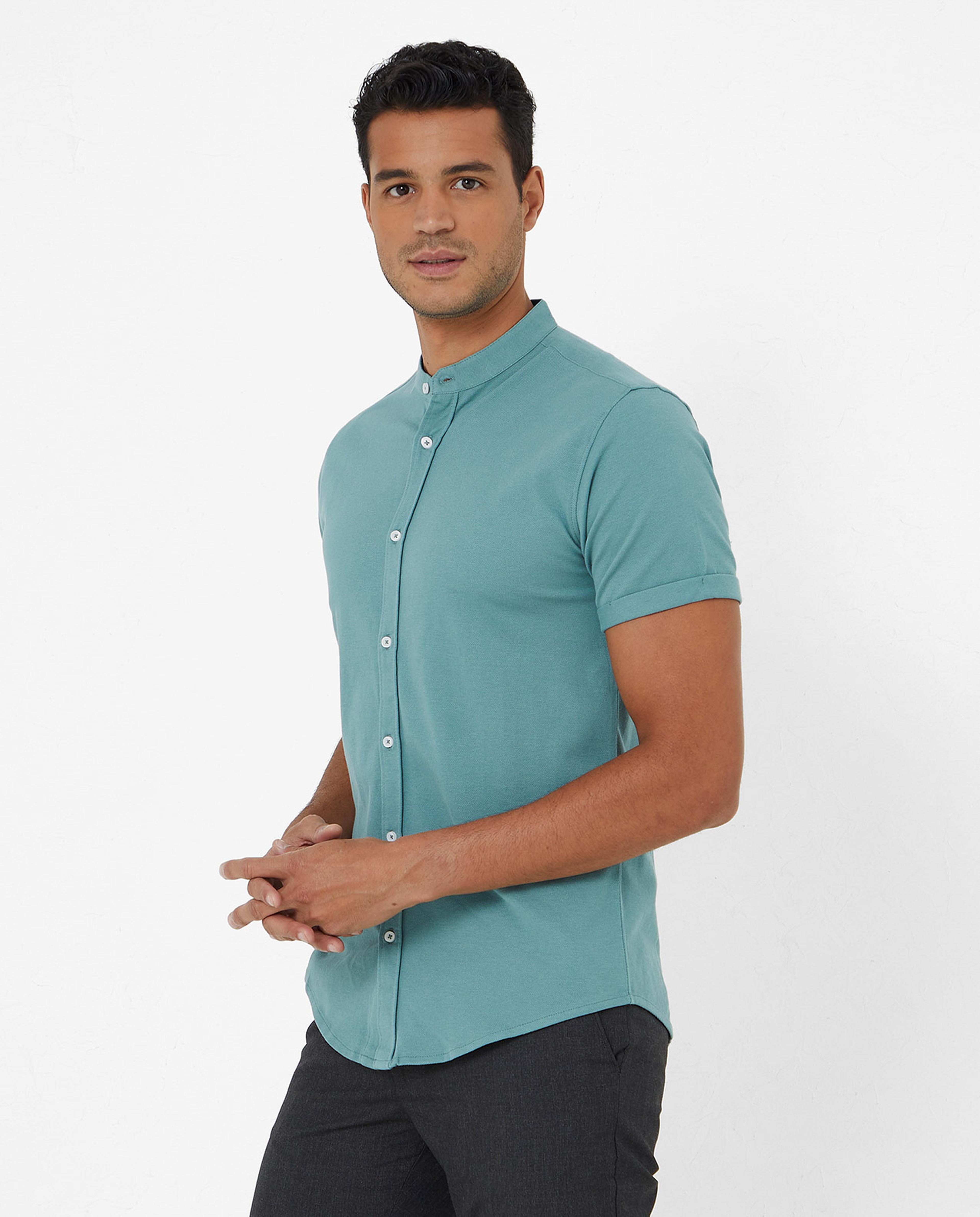 Solid Knit Shirt with Mandarin Collar and Short Sleeves