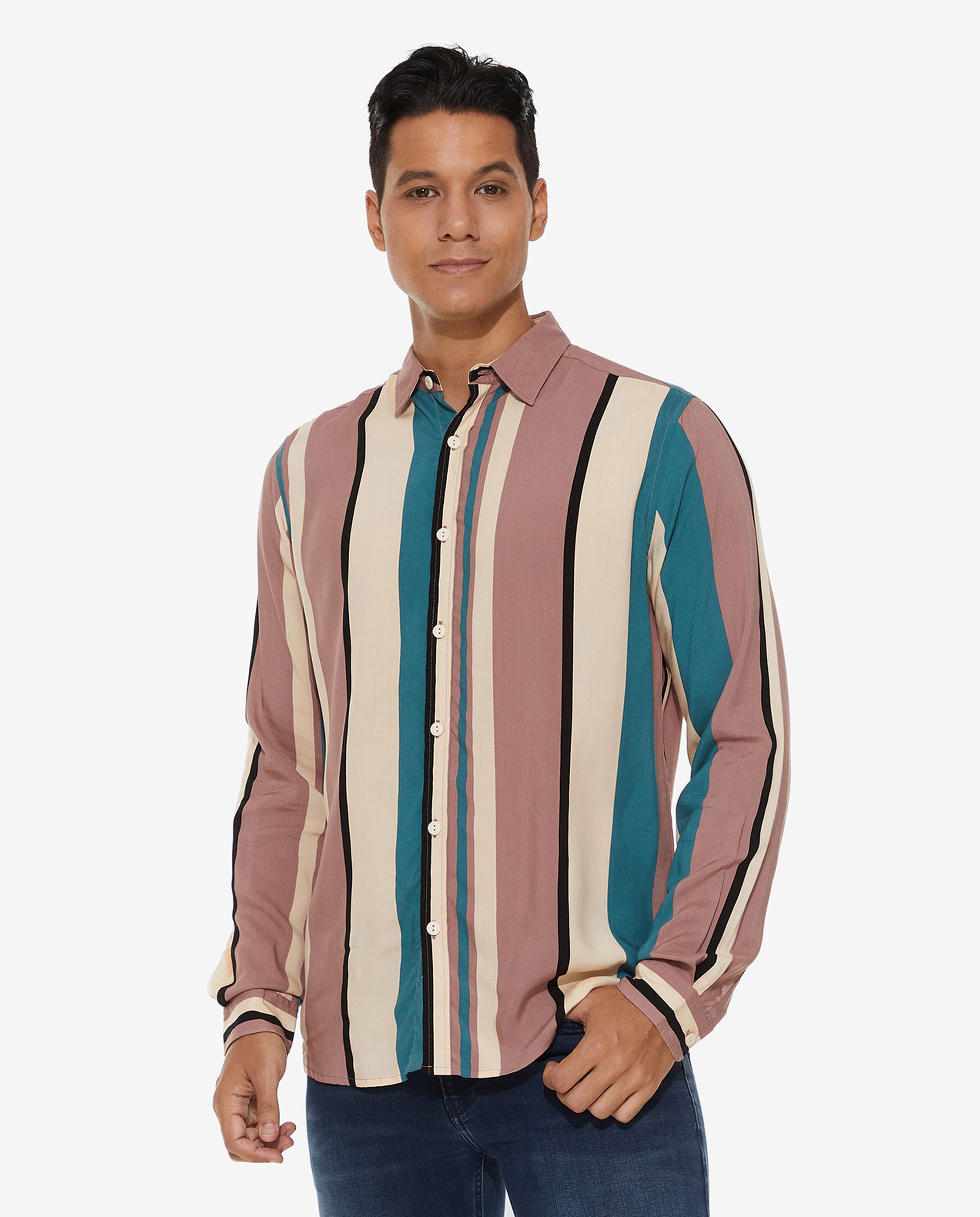 Color Block Shirt with Classic Collar and Long Sleeves