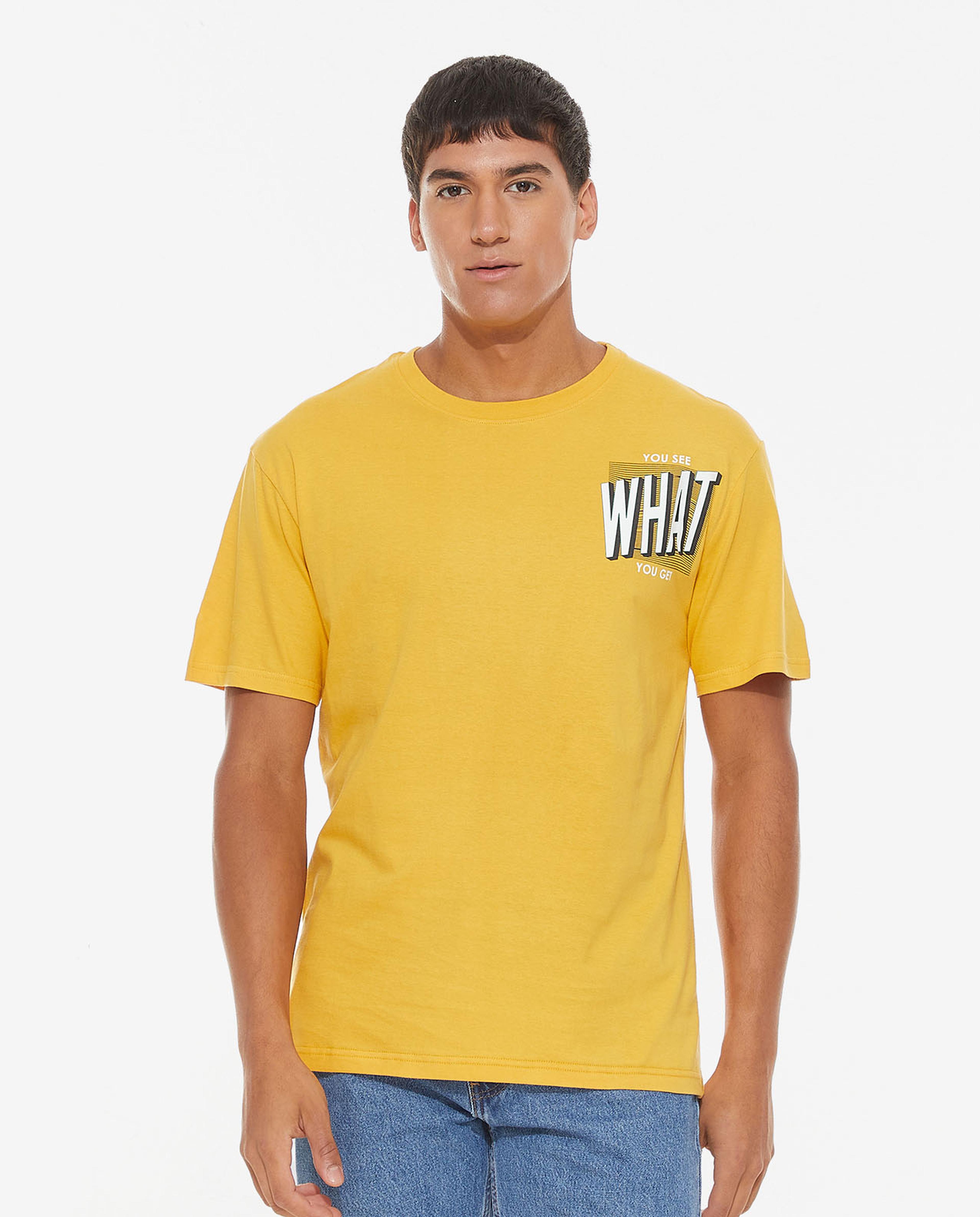 Placement Printed T-Shirt with Crew Neck and Short Sleeves