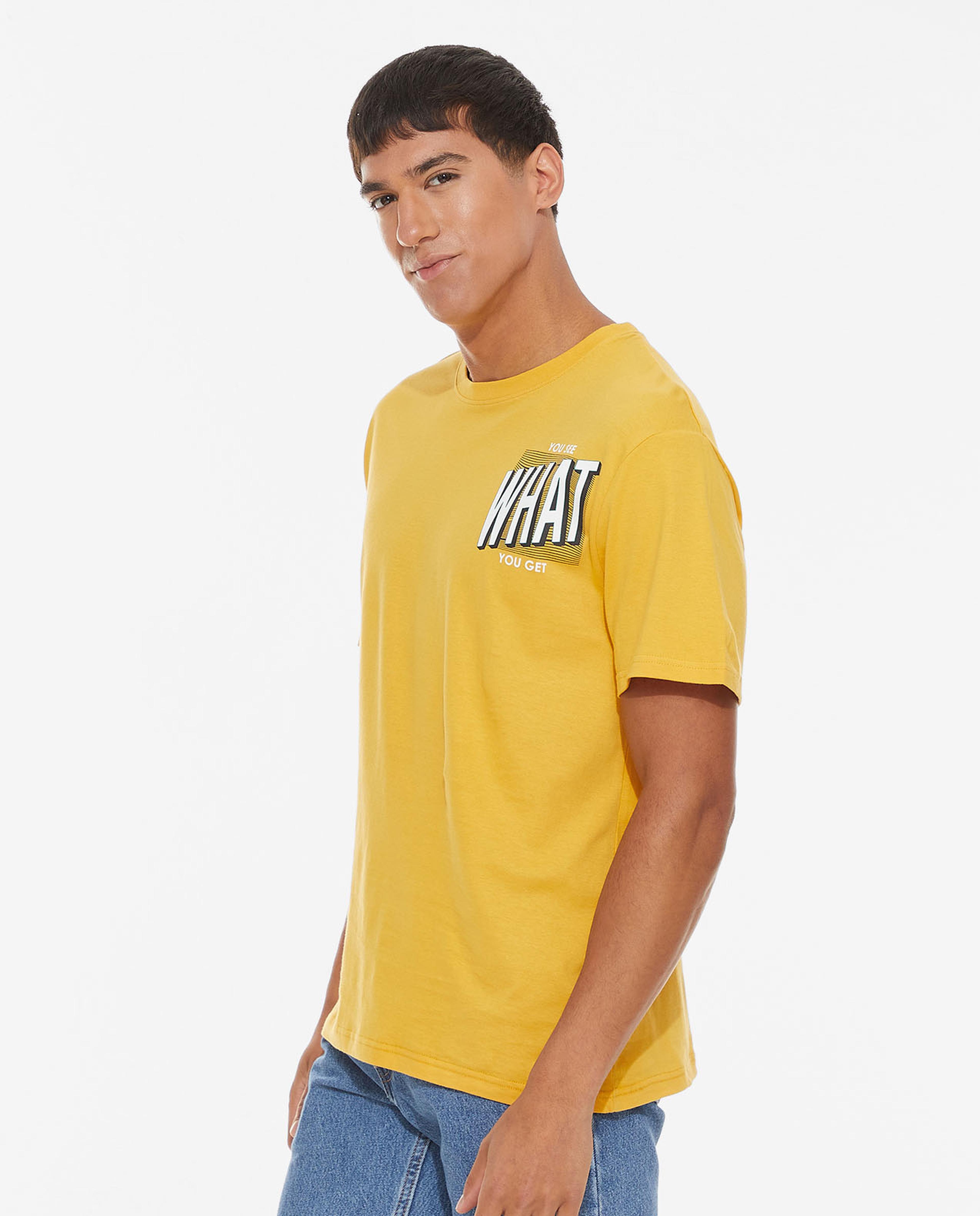 Placement Printed T-Shirt with Crew Neck and Short Sleeves