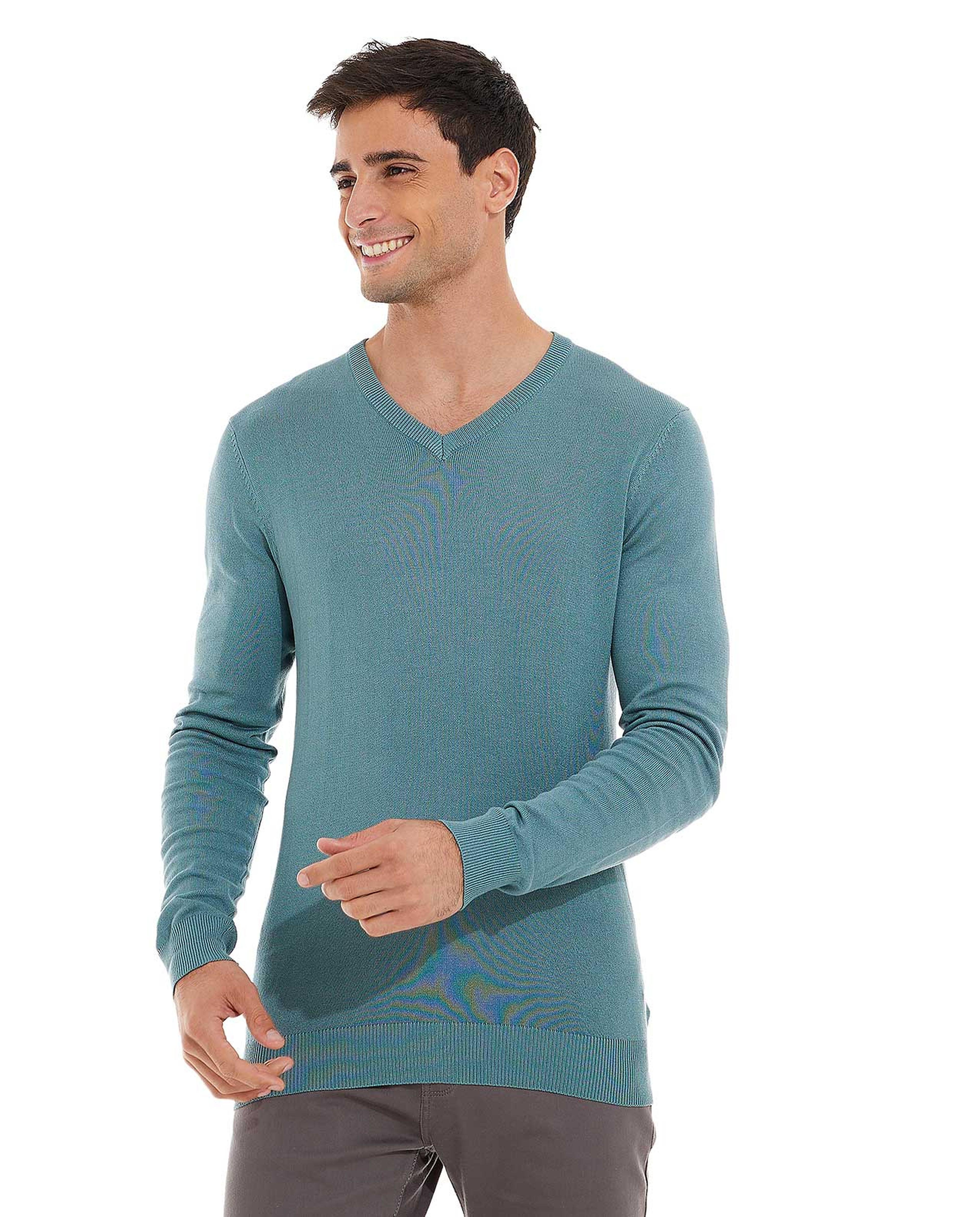 Solid Sweater with V-Neck and Long Sleeves