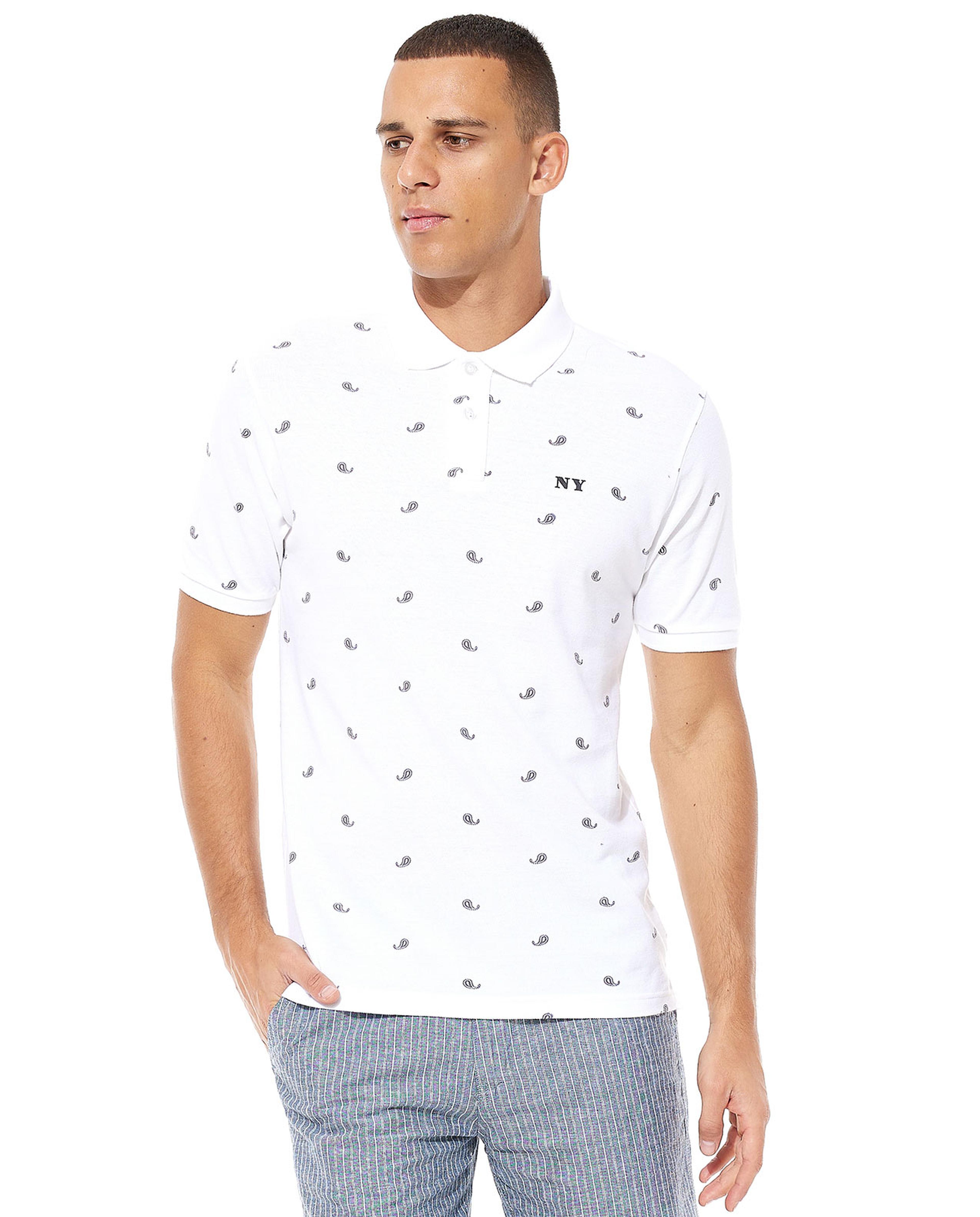 Paisley Printed T-Shirt with Polo Neck and Short Sleeves