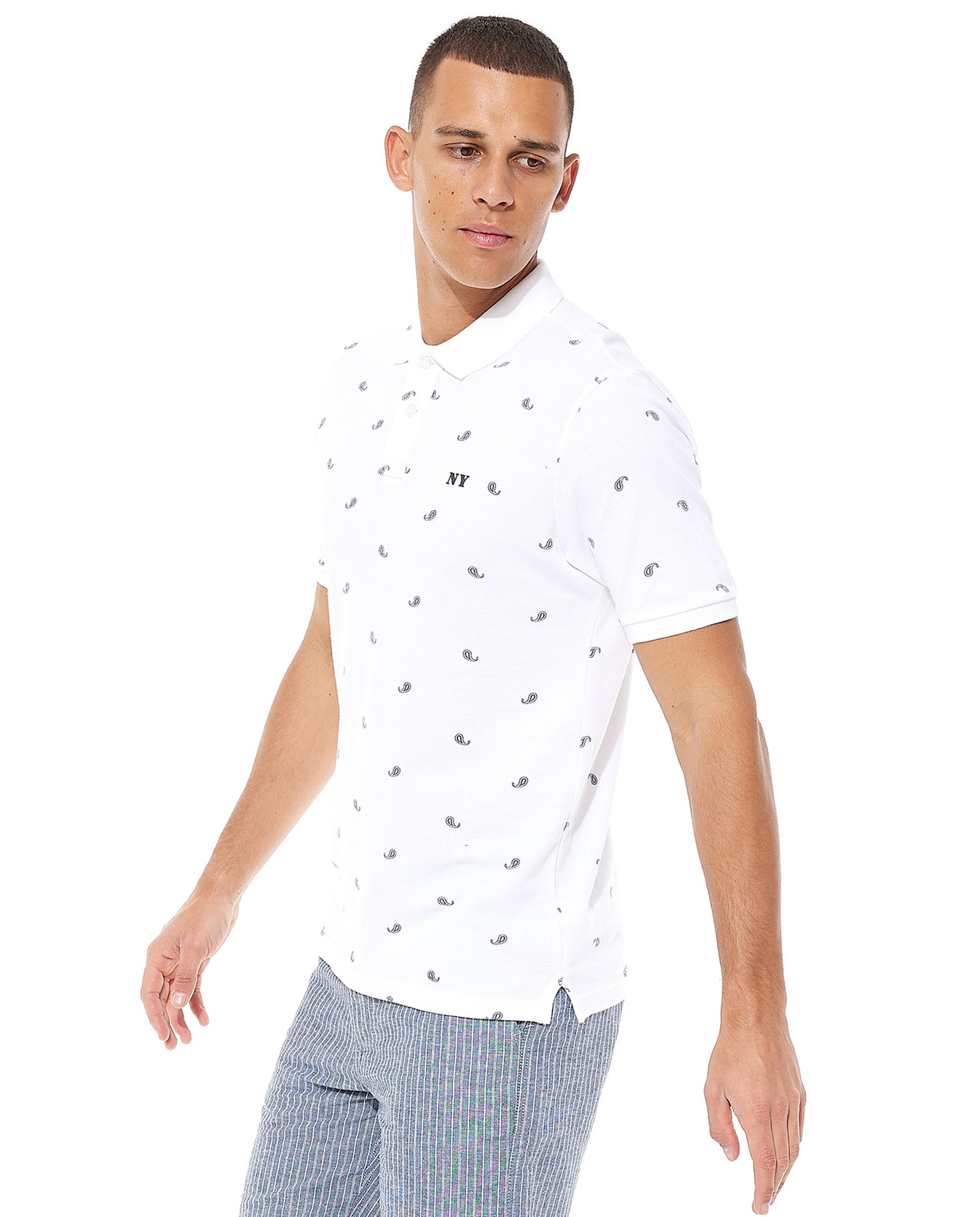Paisley Printed T-Shirt with Polo Neck and Short Sleeves