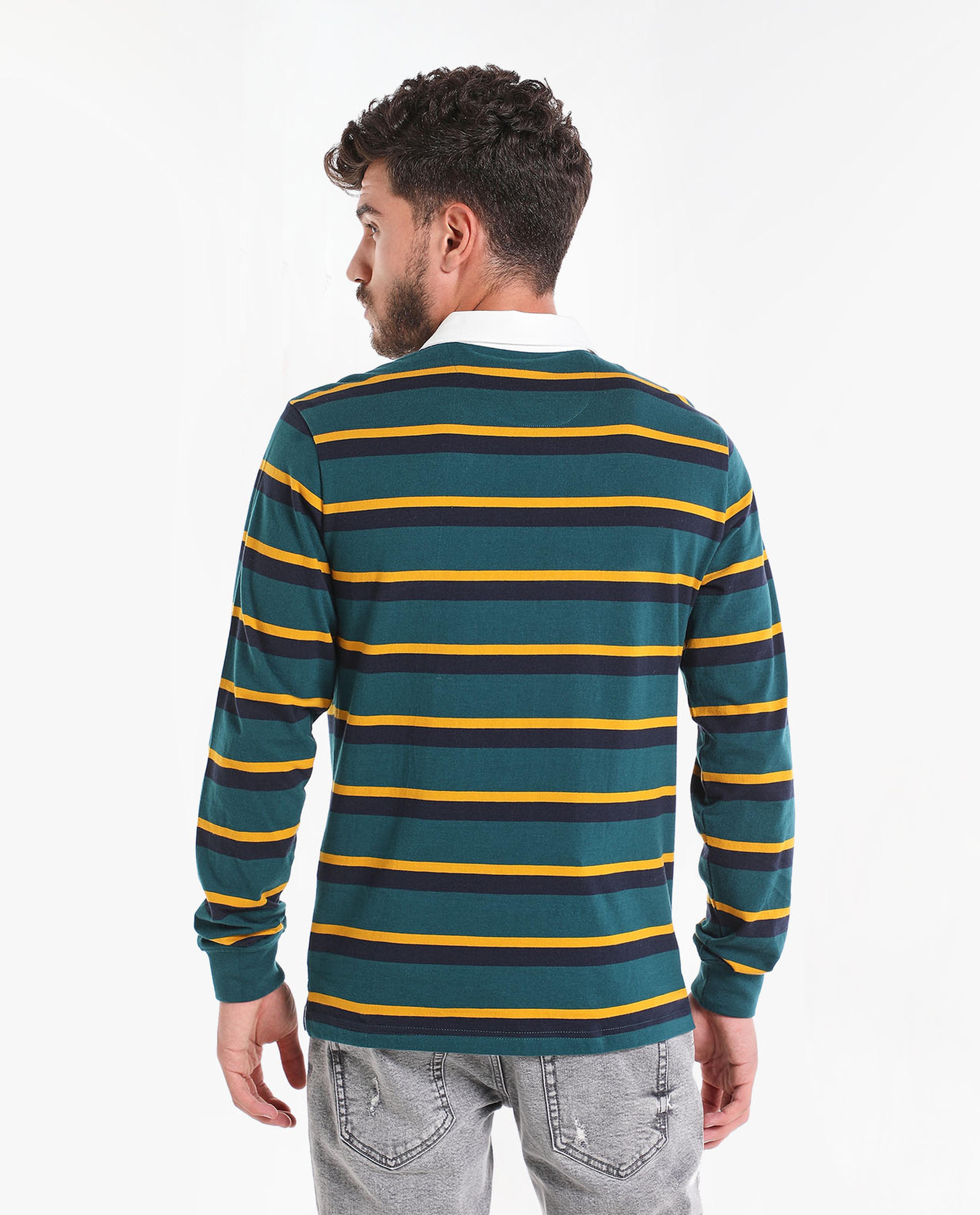 Striped T-Shirt with Polo Collar and Long Sleeves