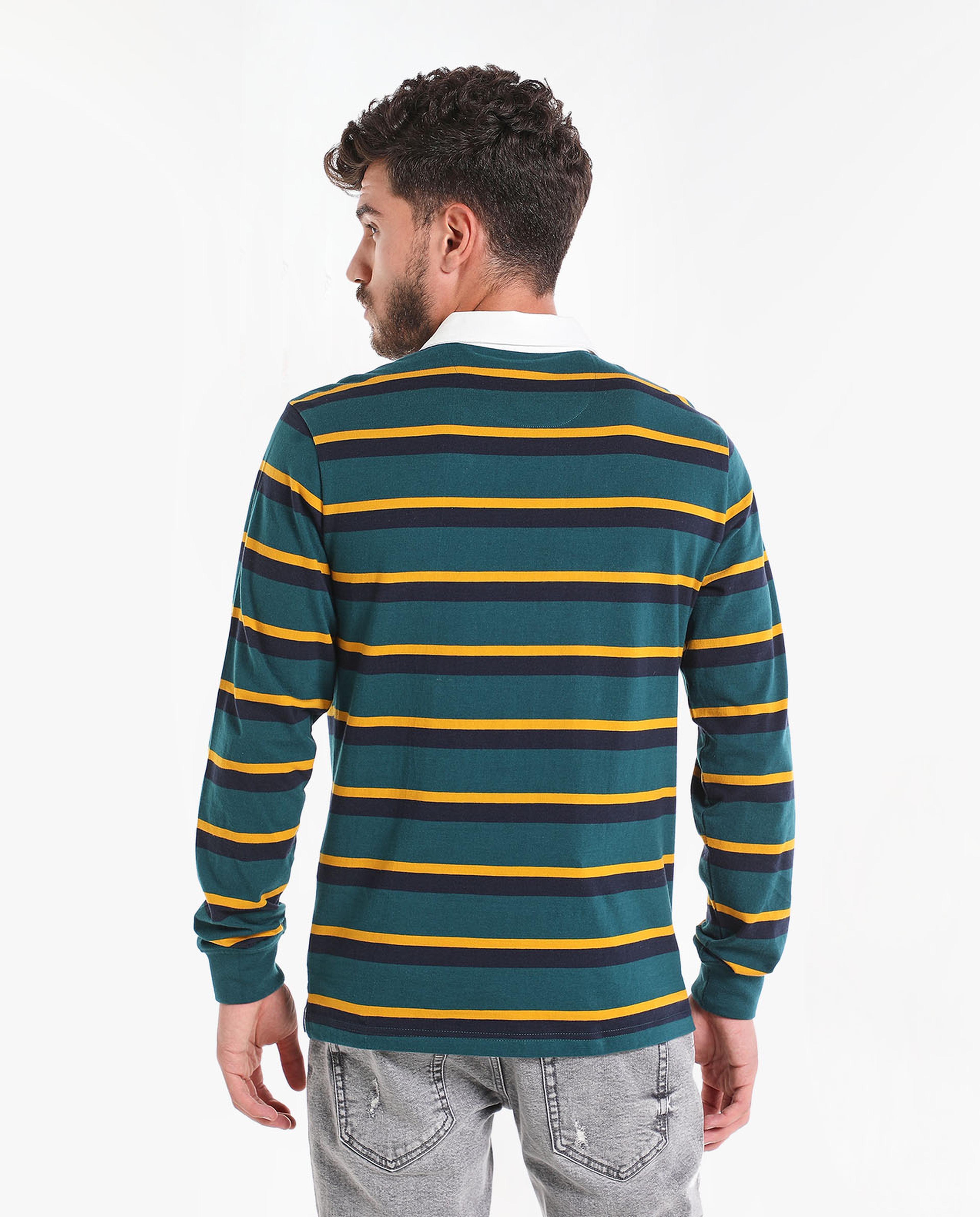 Striped T-Shirt with Polo Collar and Long Sleeves