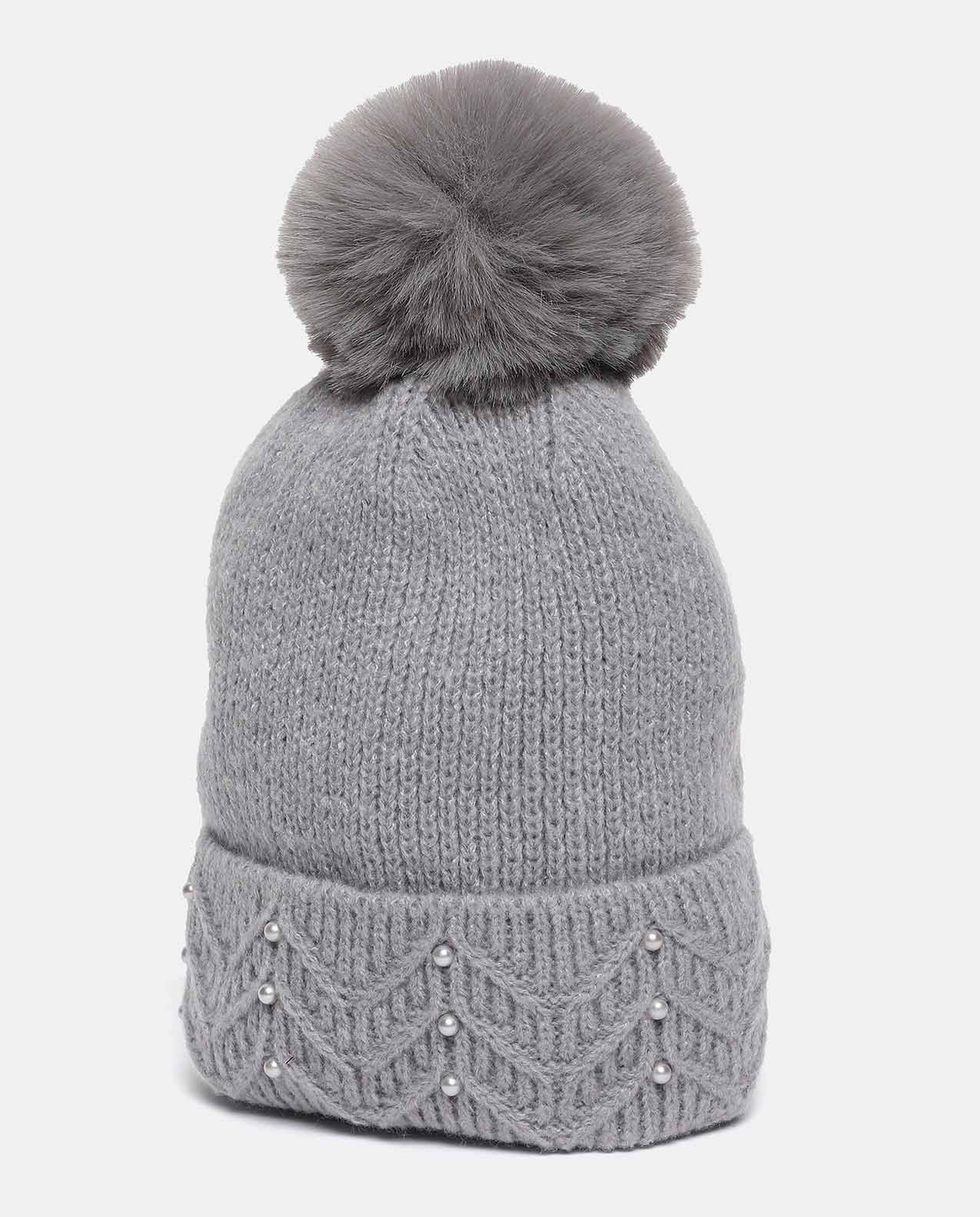 Embellished Pom-Pom Beanie Cap