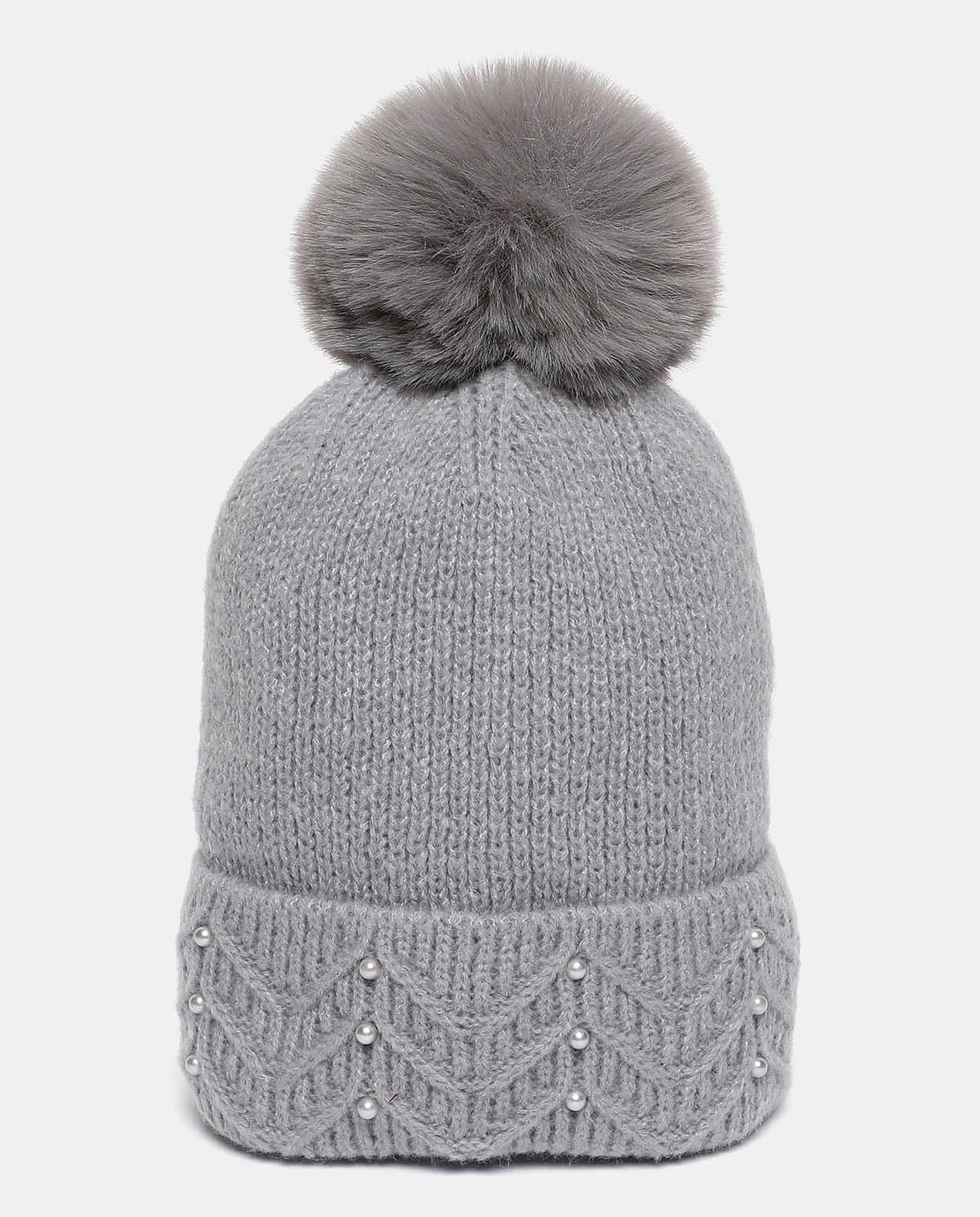 Embellished Pom-Pom Beanie Cap