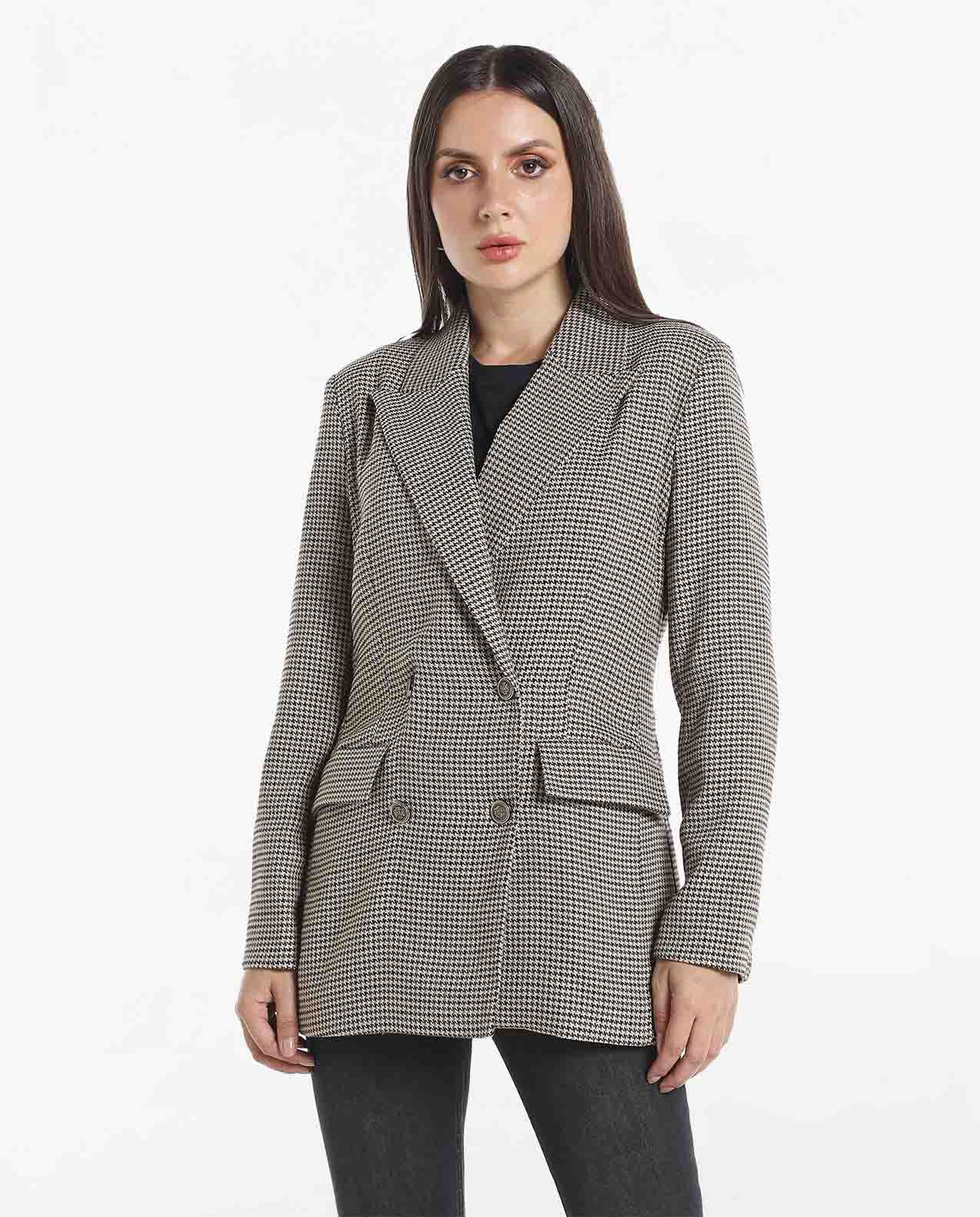 Houndstooth Design Double Breasted Blazer with Notched Lapel