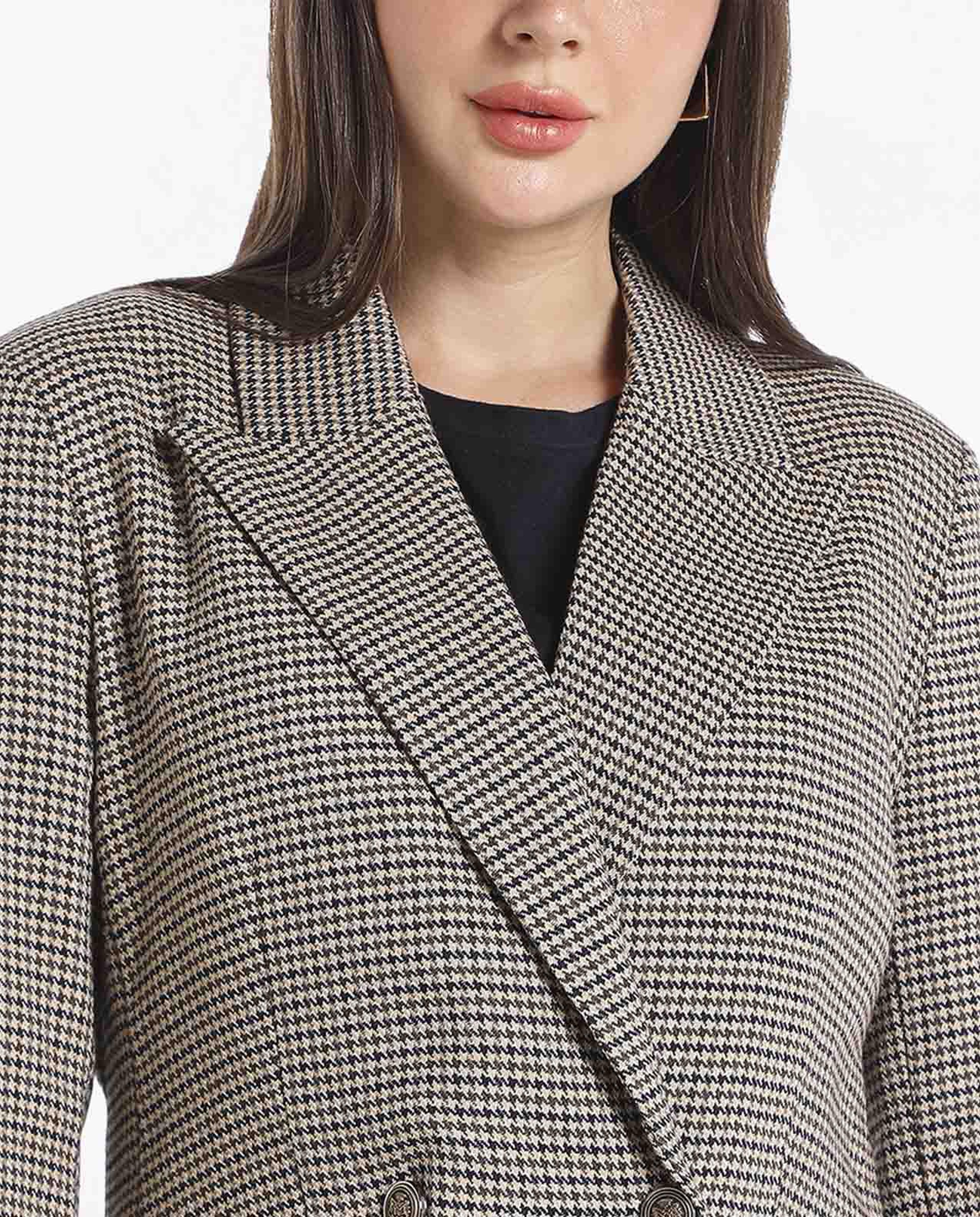 Houndstooth Design Double Breasted Blazer with Notched Lapel