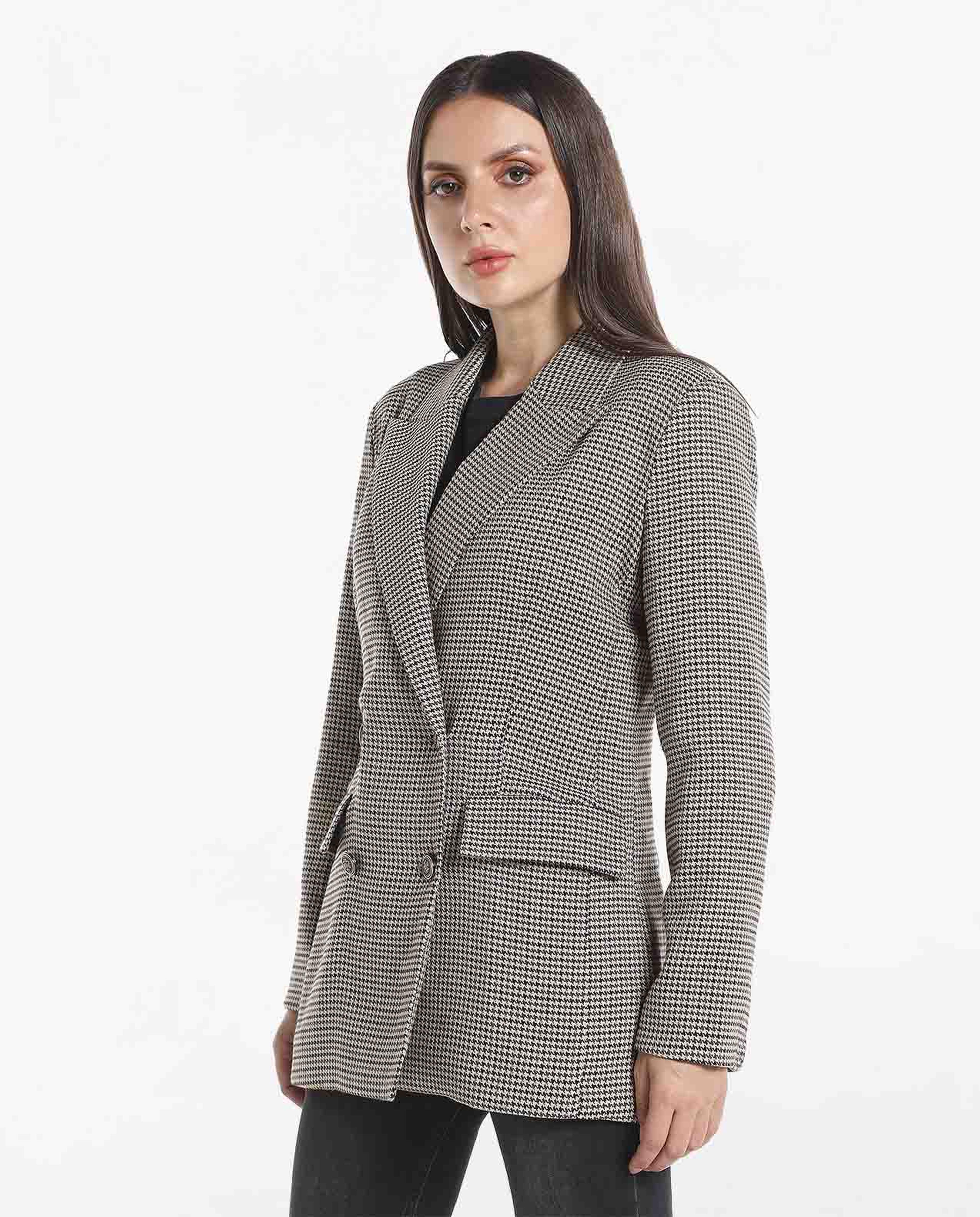 Houndstooth Design Double Breasted Blazer with Notched Lapel