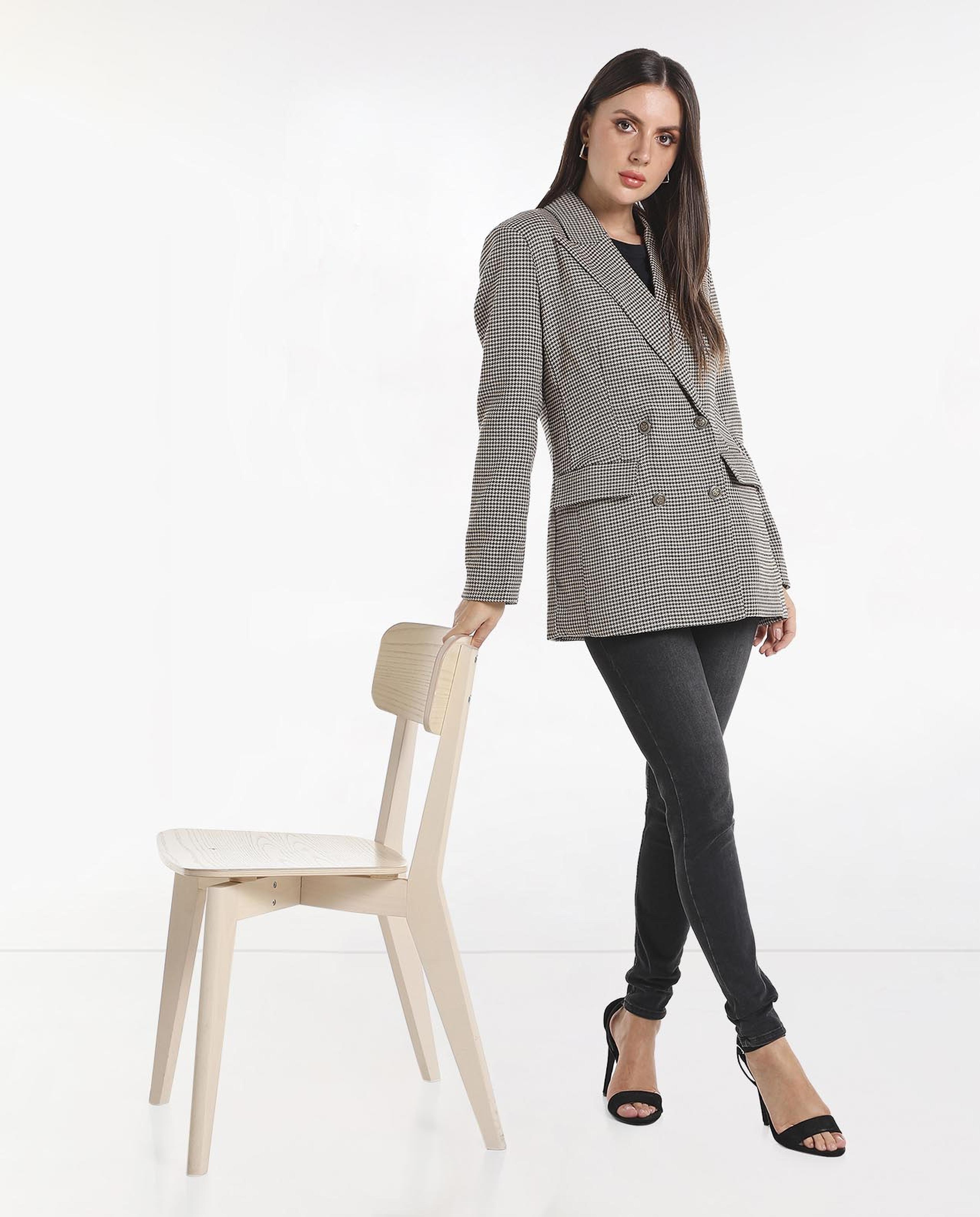 Houndstooth Design Double Breasted Blazer with Notched Lapel