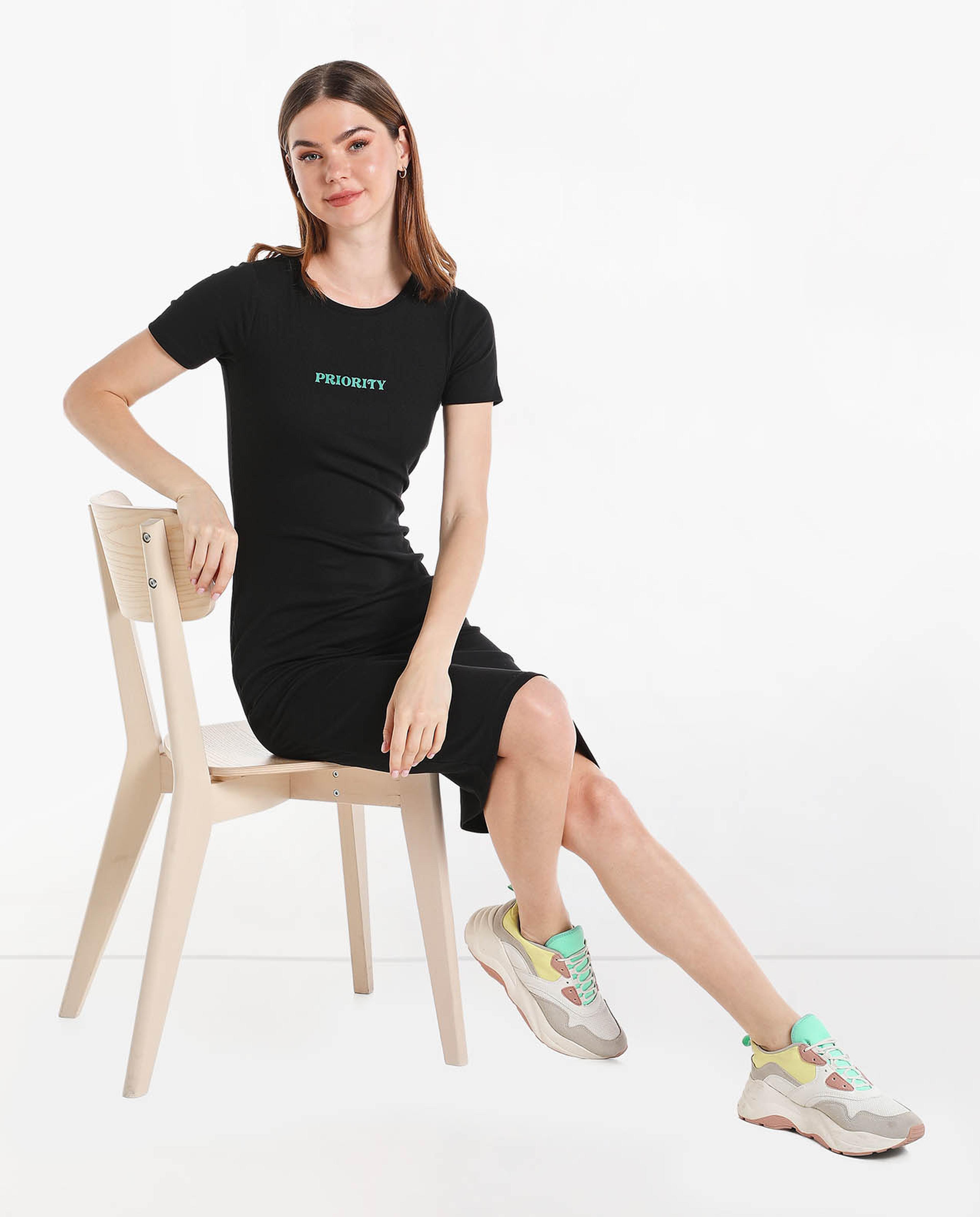 Printed Midi Dress with Round Neck and Short Sleeves