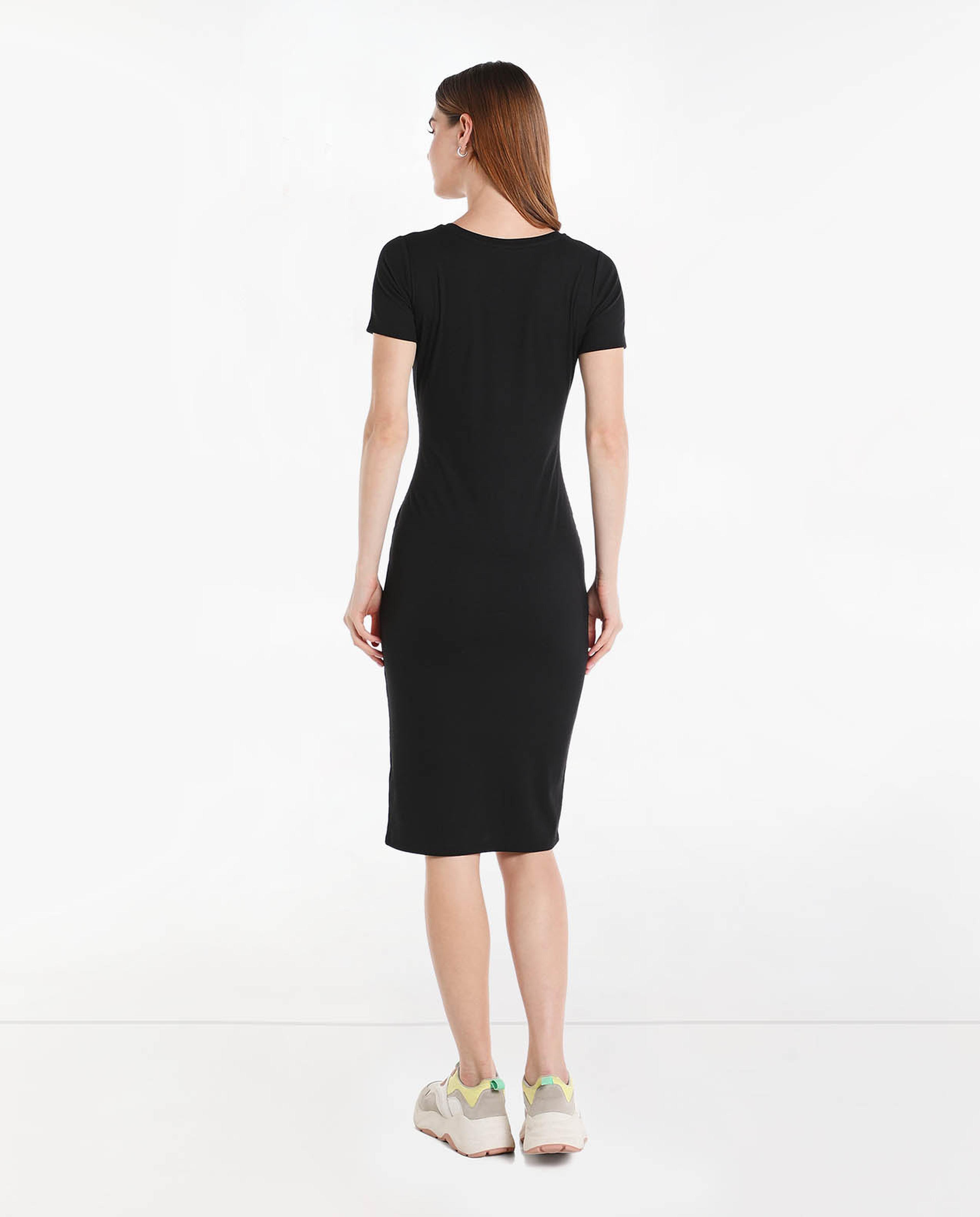 Printed Midi Dress with Round Neck and Short Sleeves