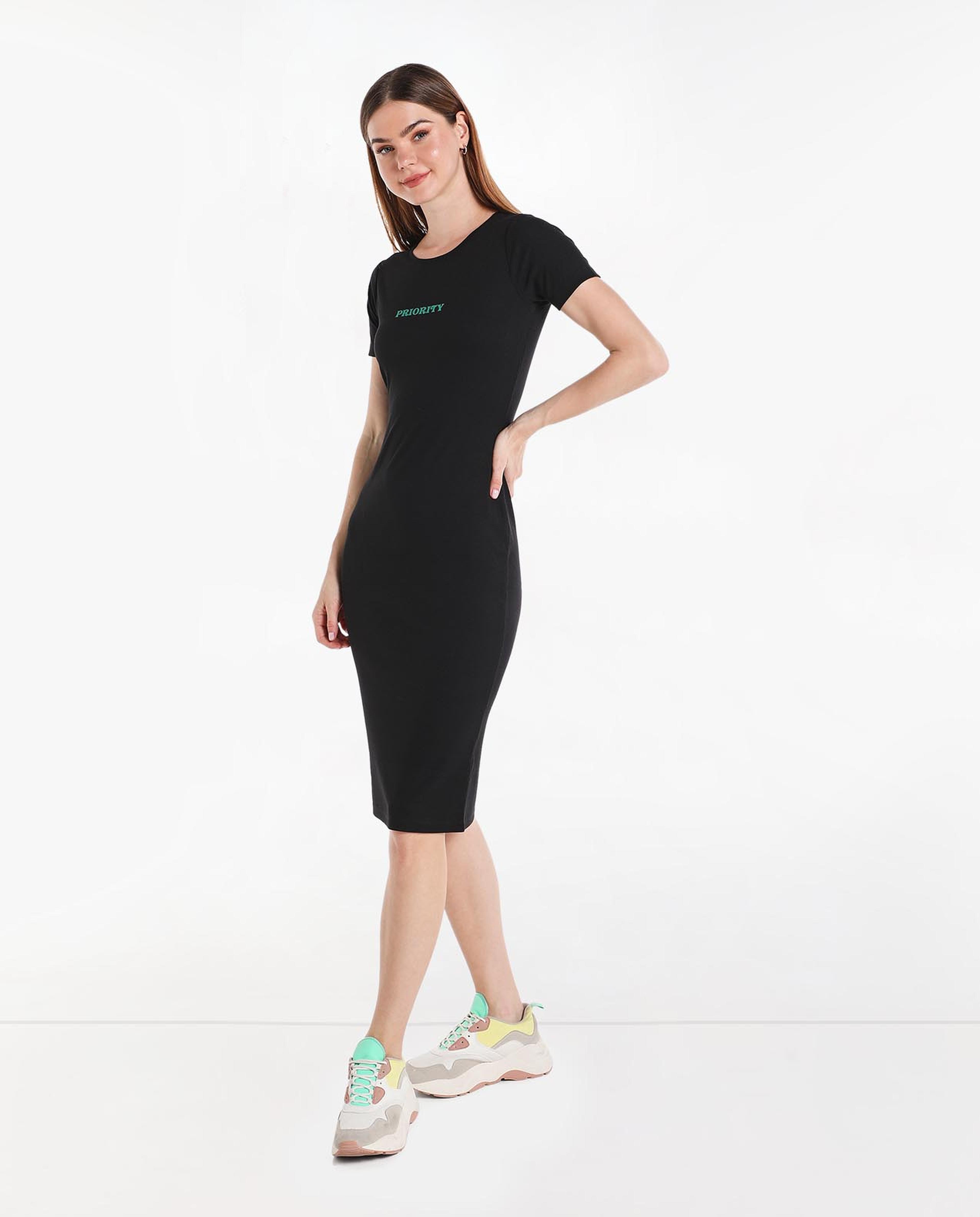 Printed Midi Dress with Round Neck and Short Sleeves