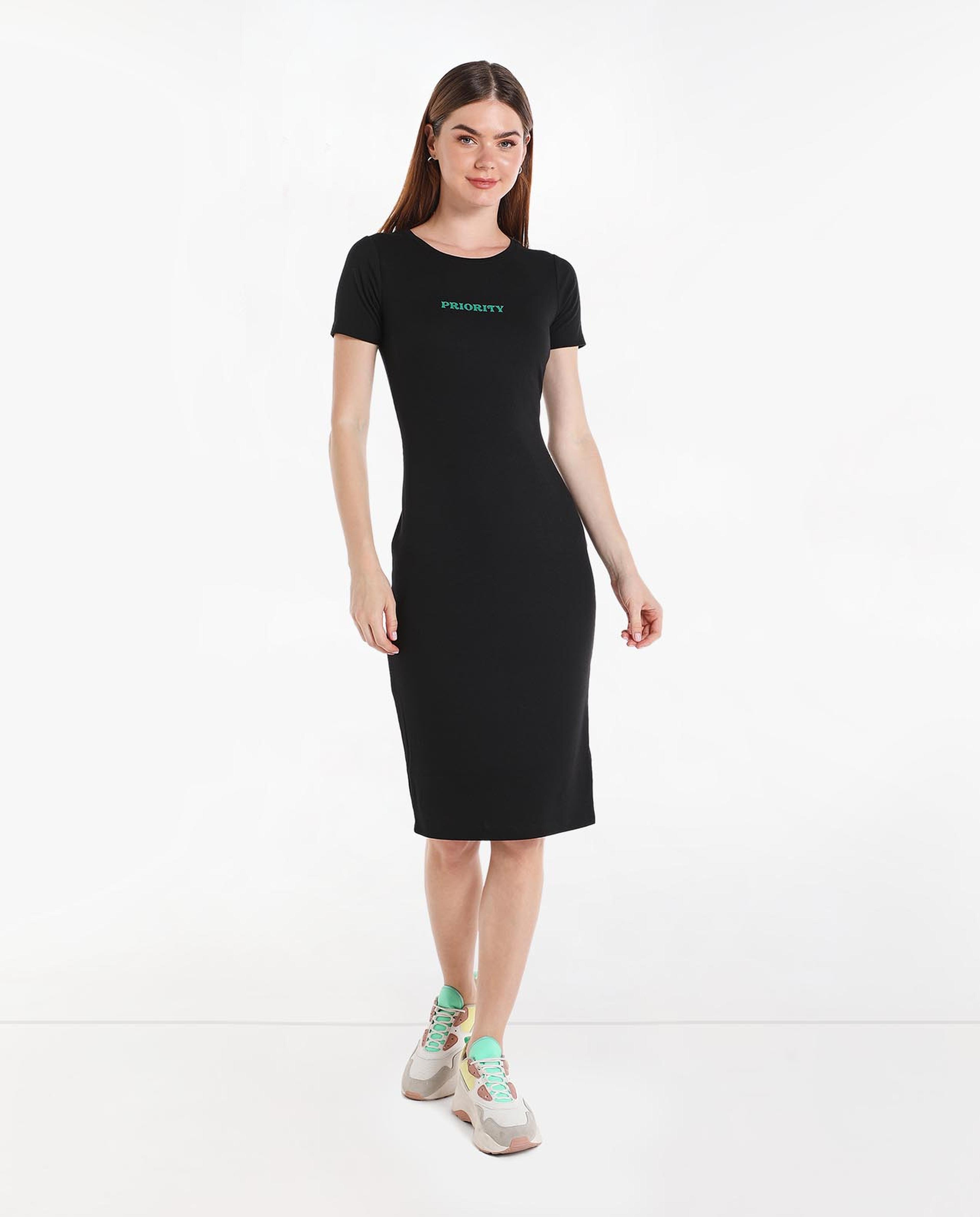 Printed Midi Dress with Round Neck and Short Sleeves