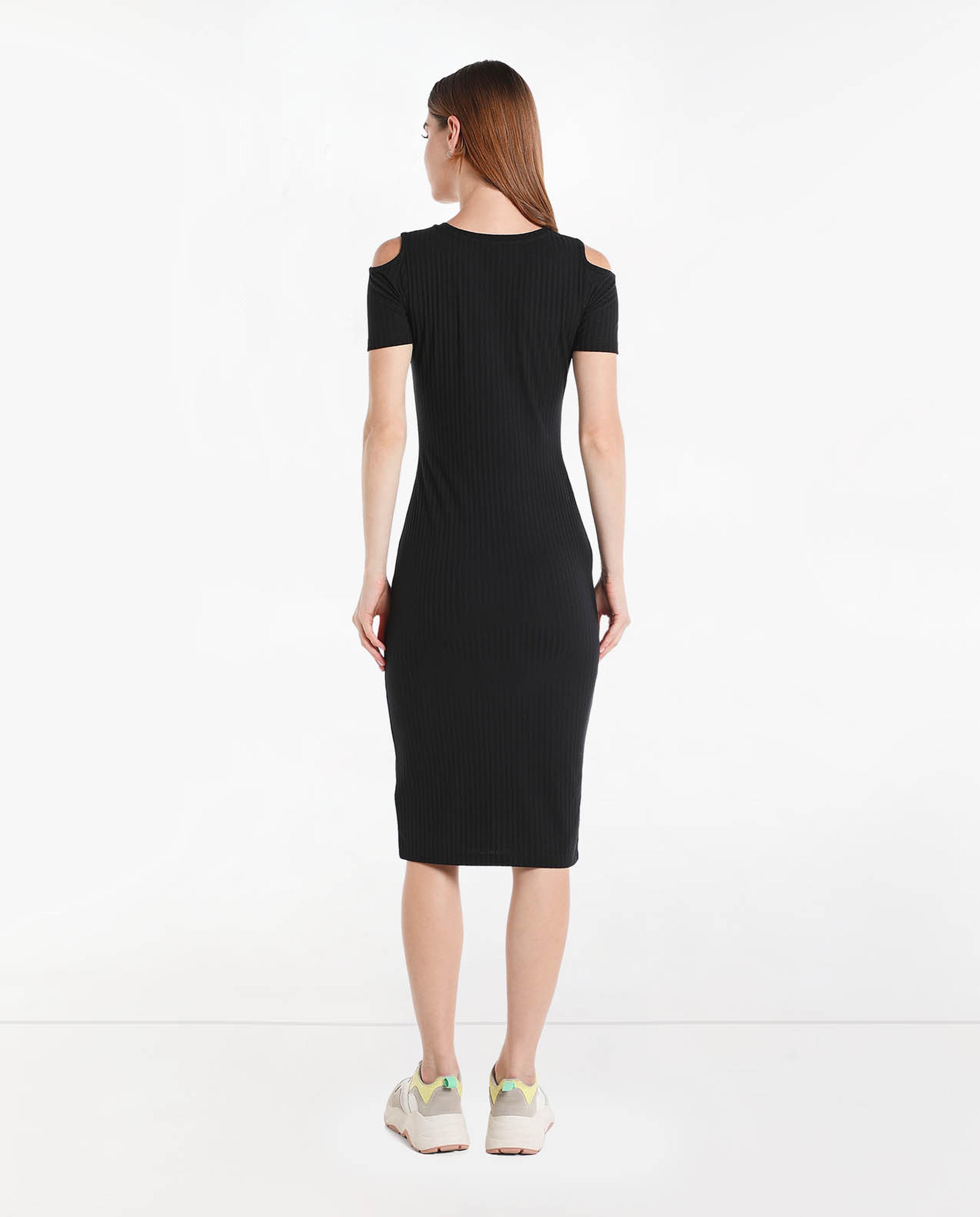 Printed Midi Dress with Round Neck and Short Sleeves