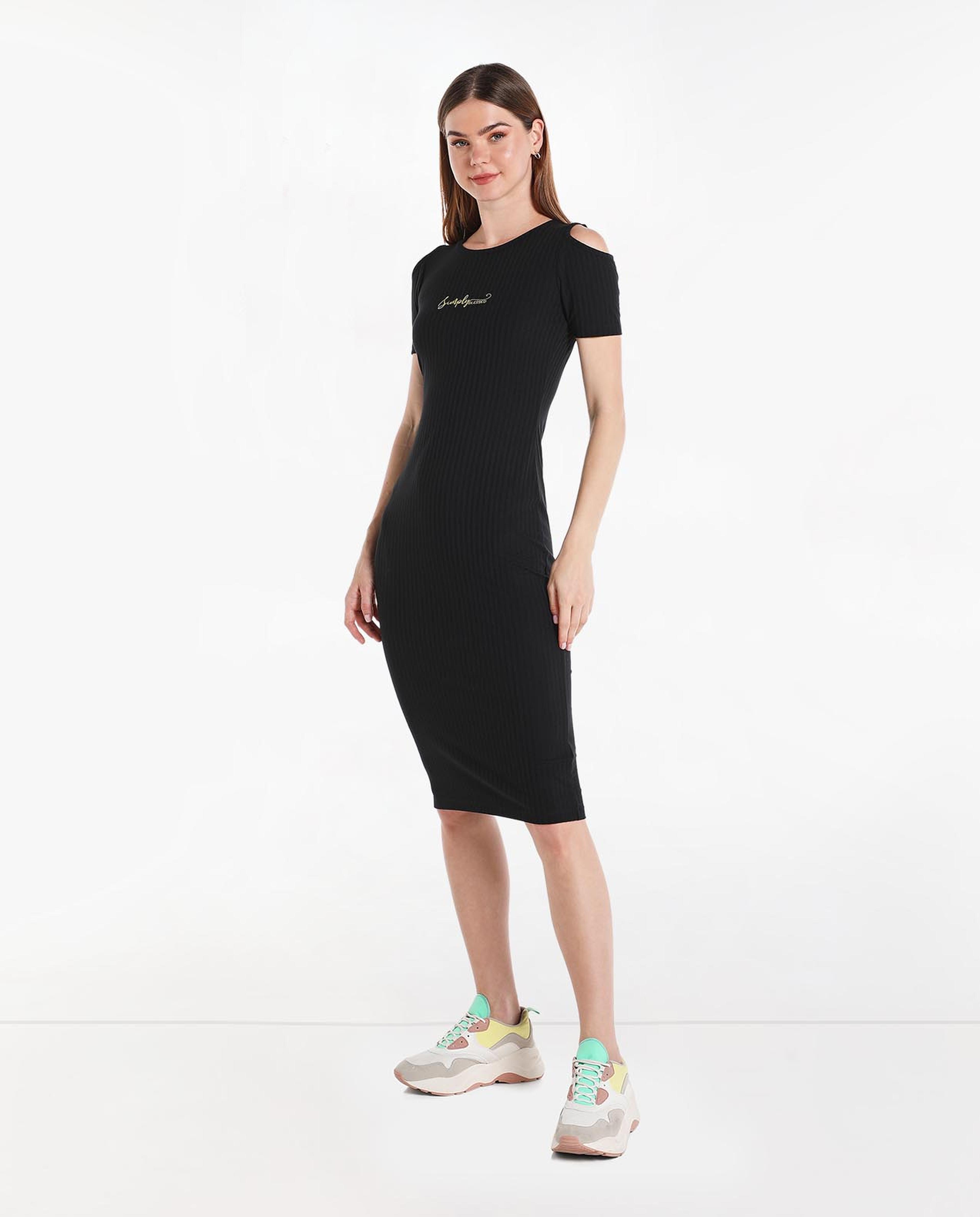 Printed Midi Dress with Round Neck and Short Sleeves