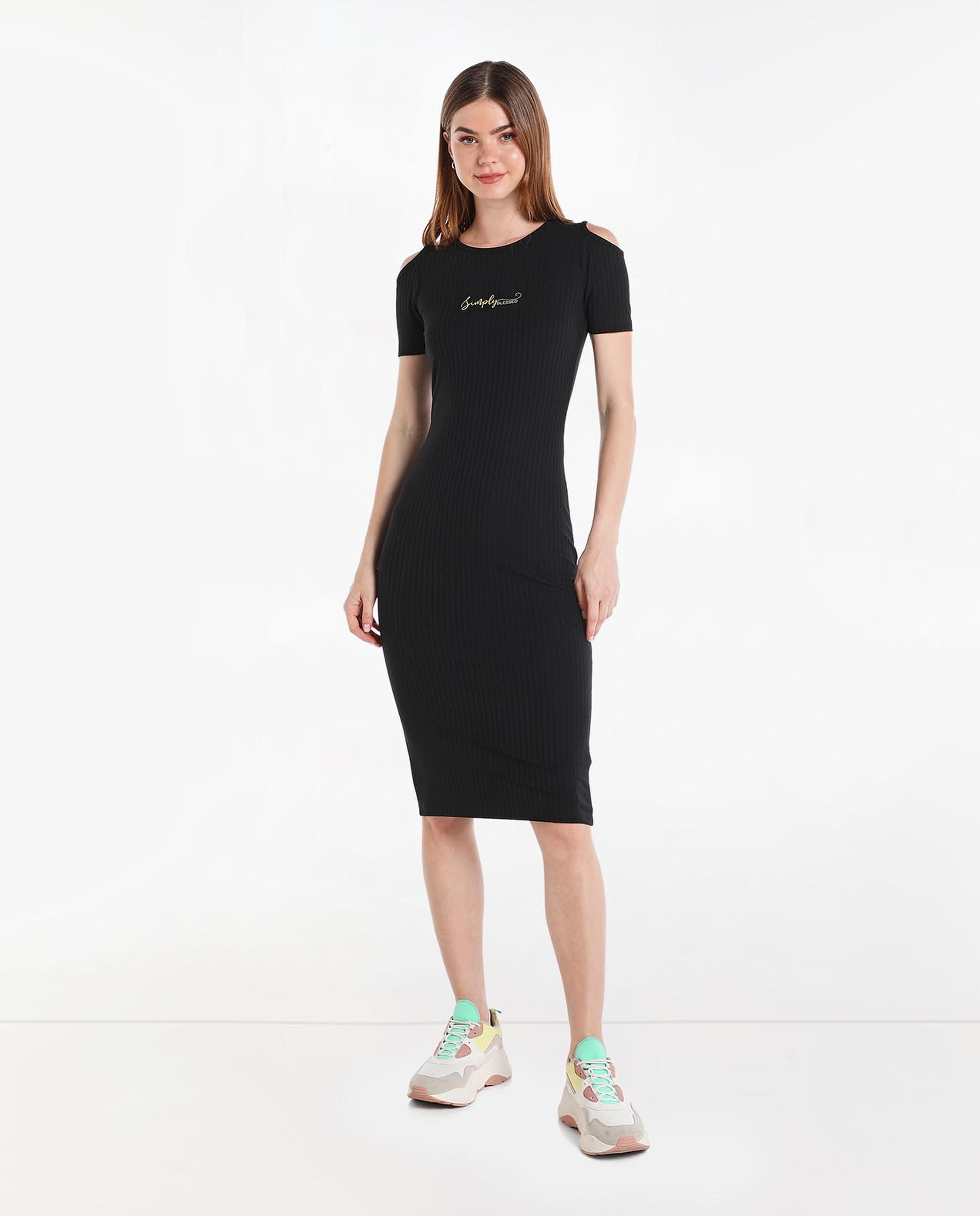 Printed Midi Dress with Round Neck and Short Sleeves