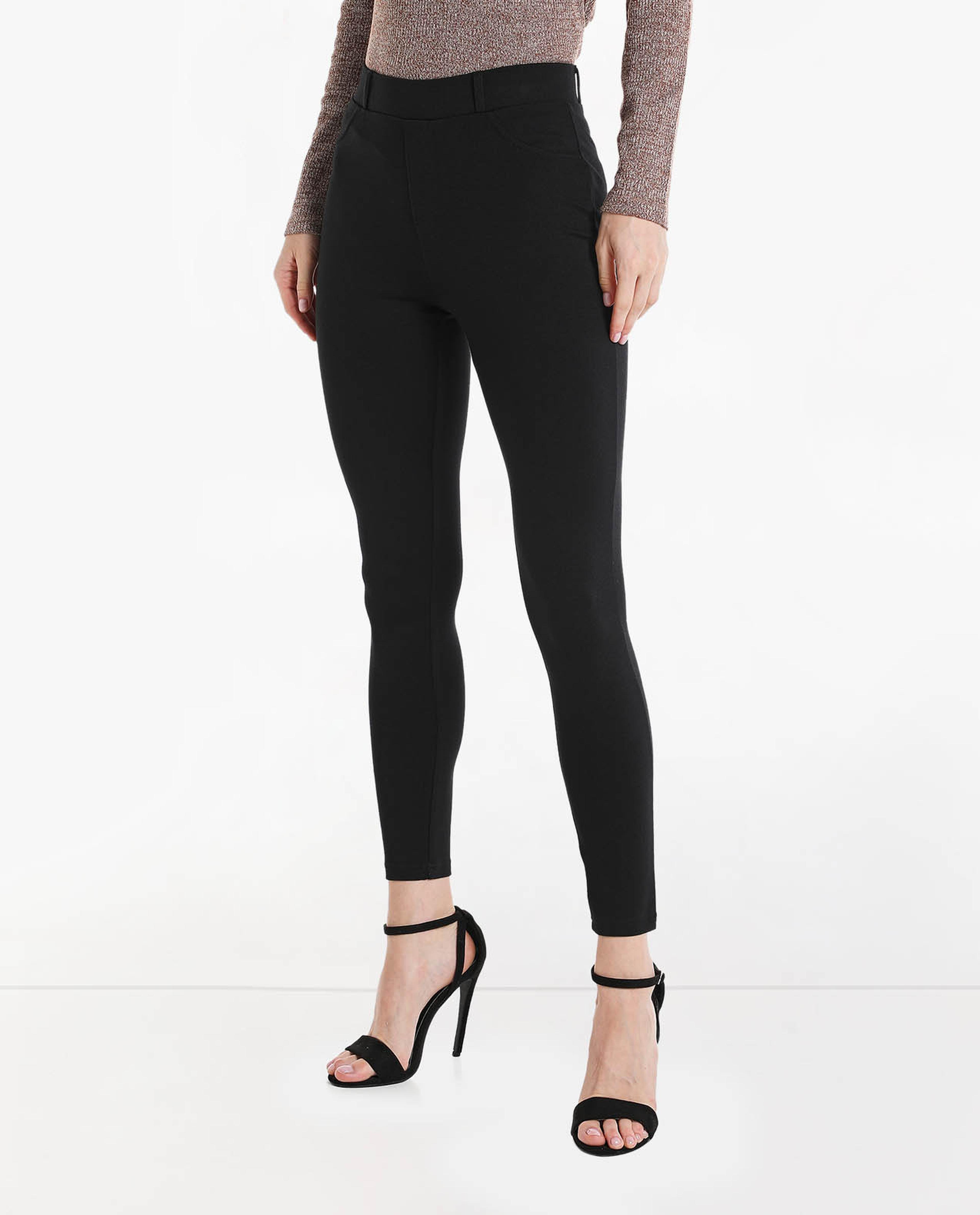 Shop Solid Knit Jeggings with Elasticated Waist Online