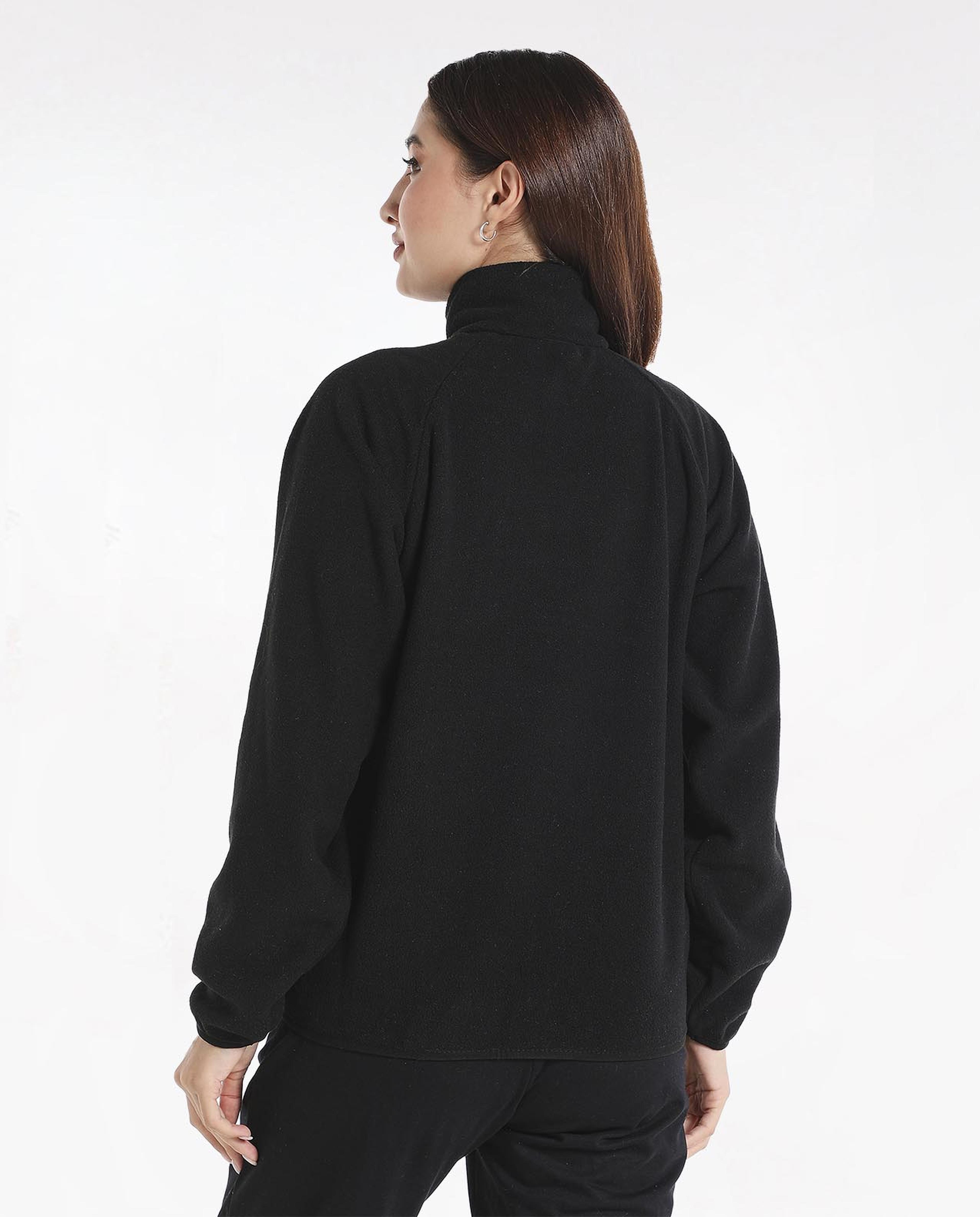 Solid Fleece Open-Front Jacket with Mock Collar and Long Sleeves