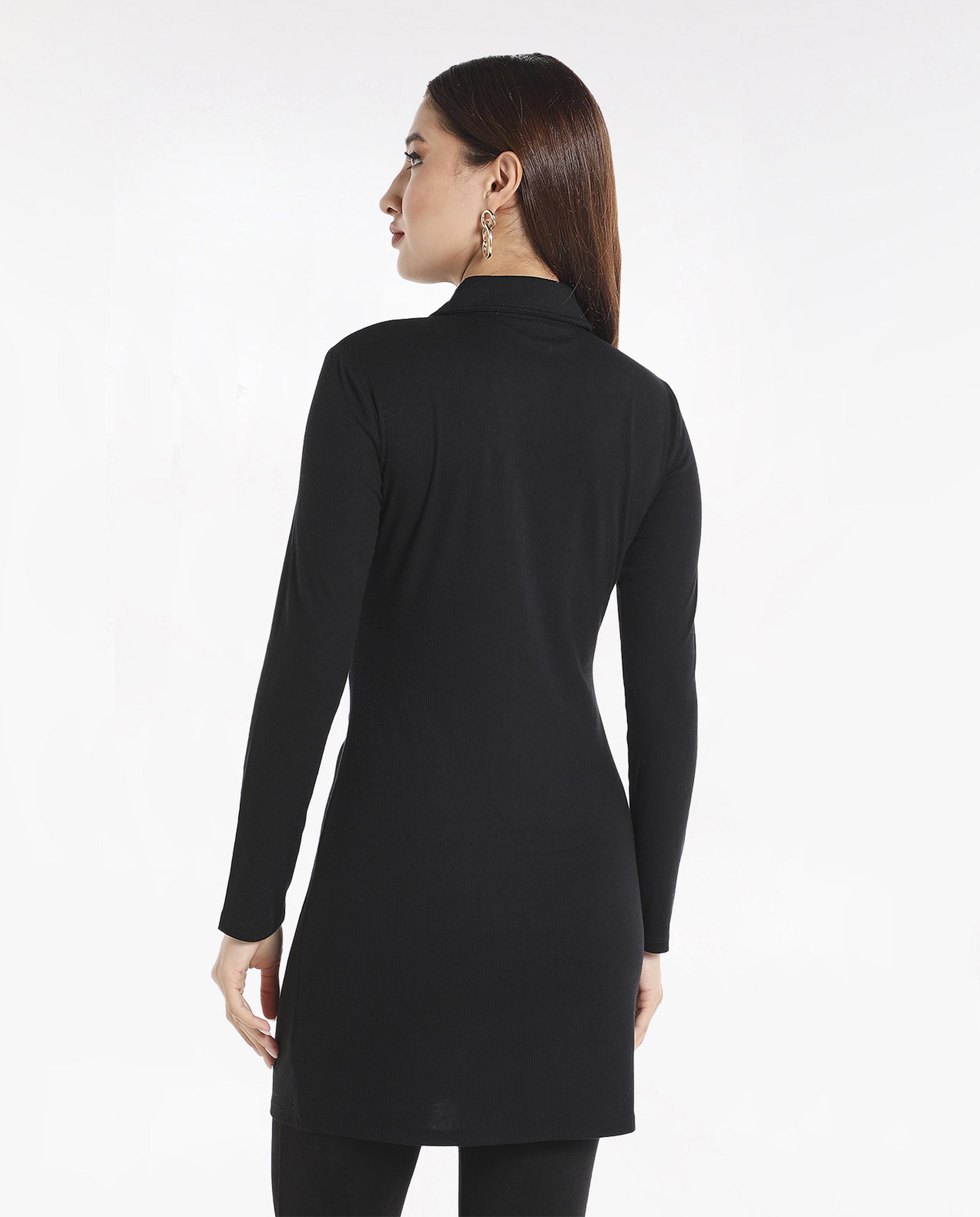 Solid Fitted Tunic with Spread Collar and Long Sleeves