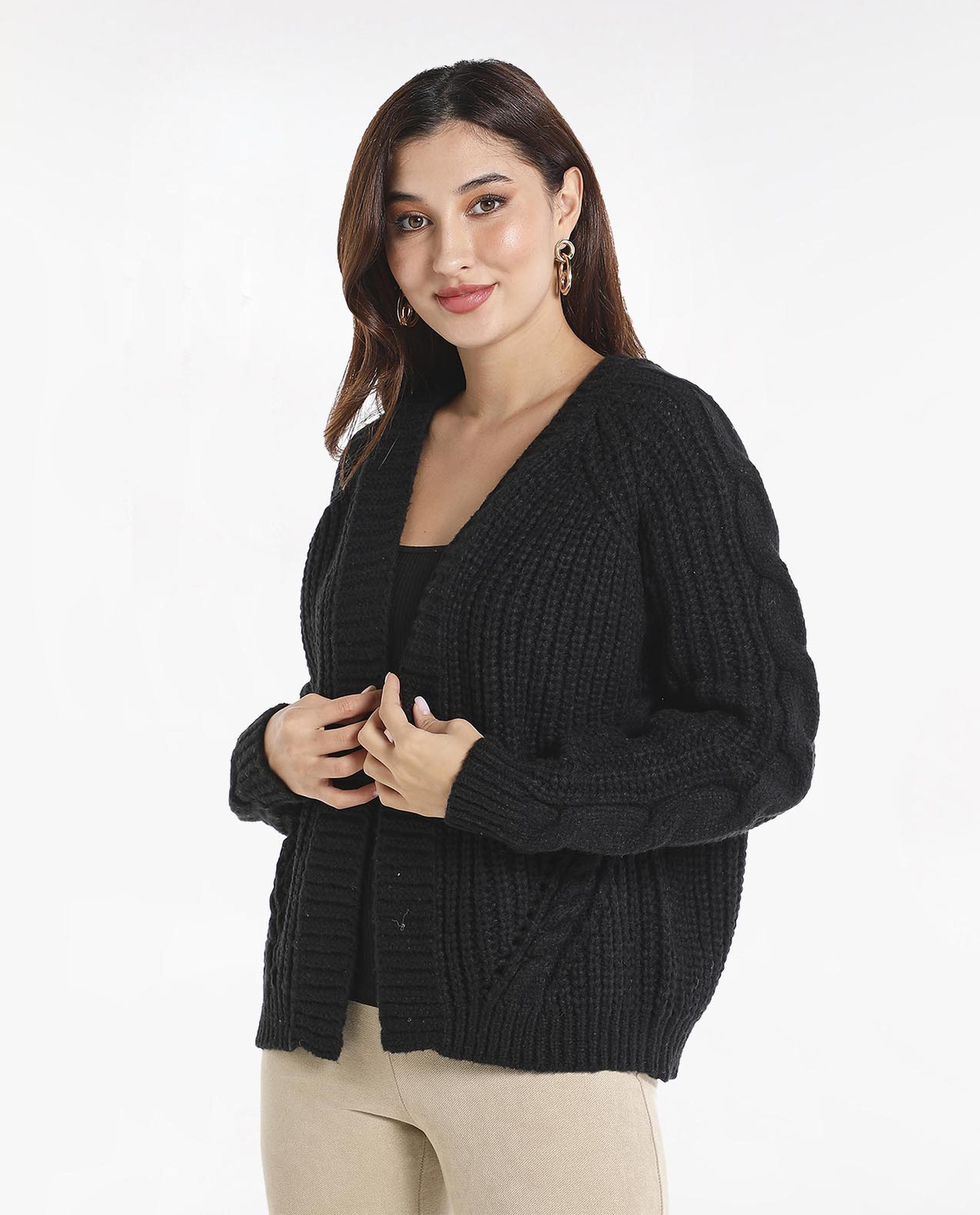 Cable Knit Front-Open Shrug with Long Sleeves