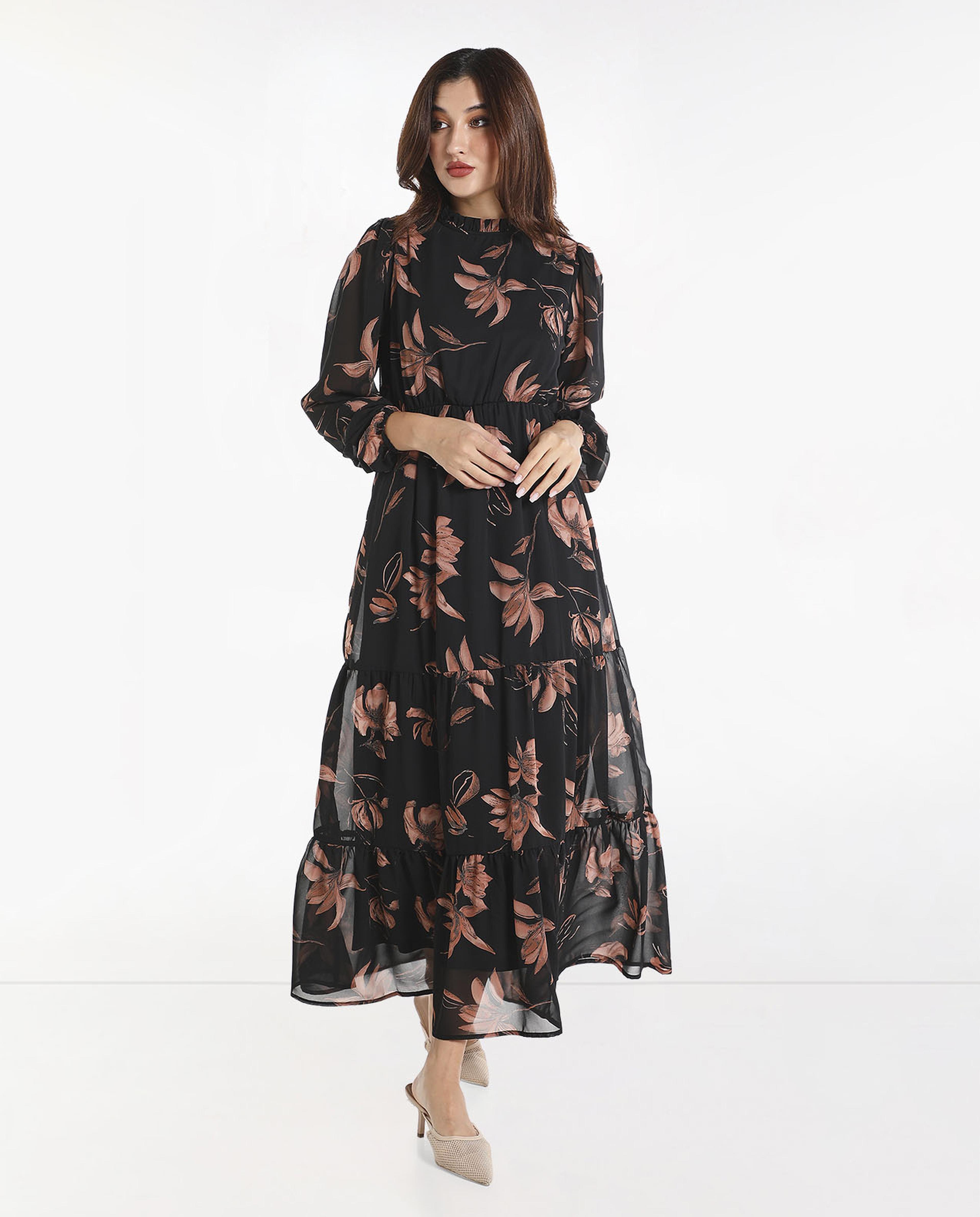 Floral Printed A-Line Maxi Dress with Round Neck and Long Sleeves
