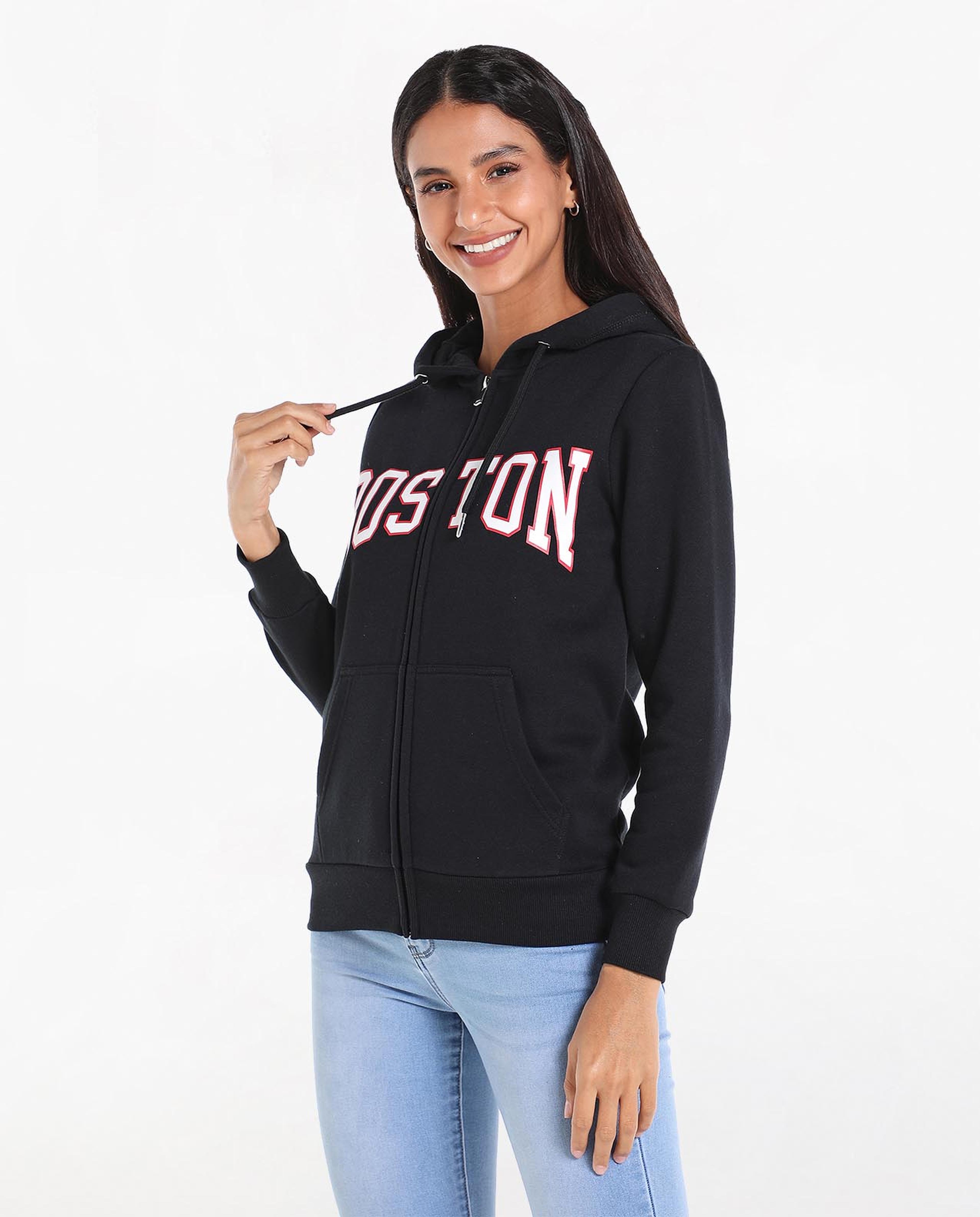 Typography Printed Hooded Sweatshirt with Zippered Closure