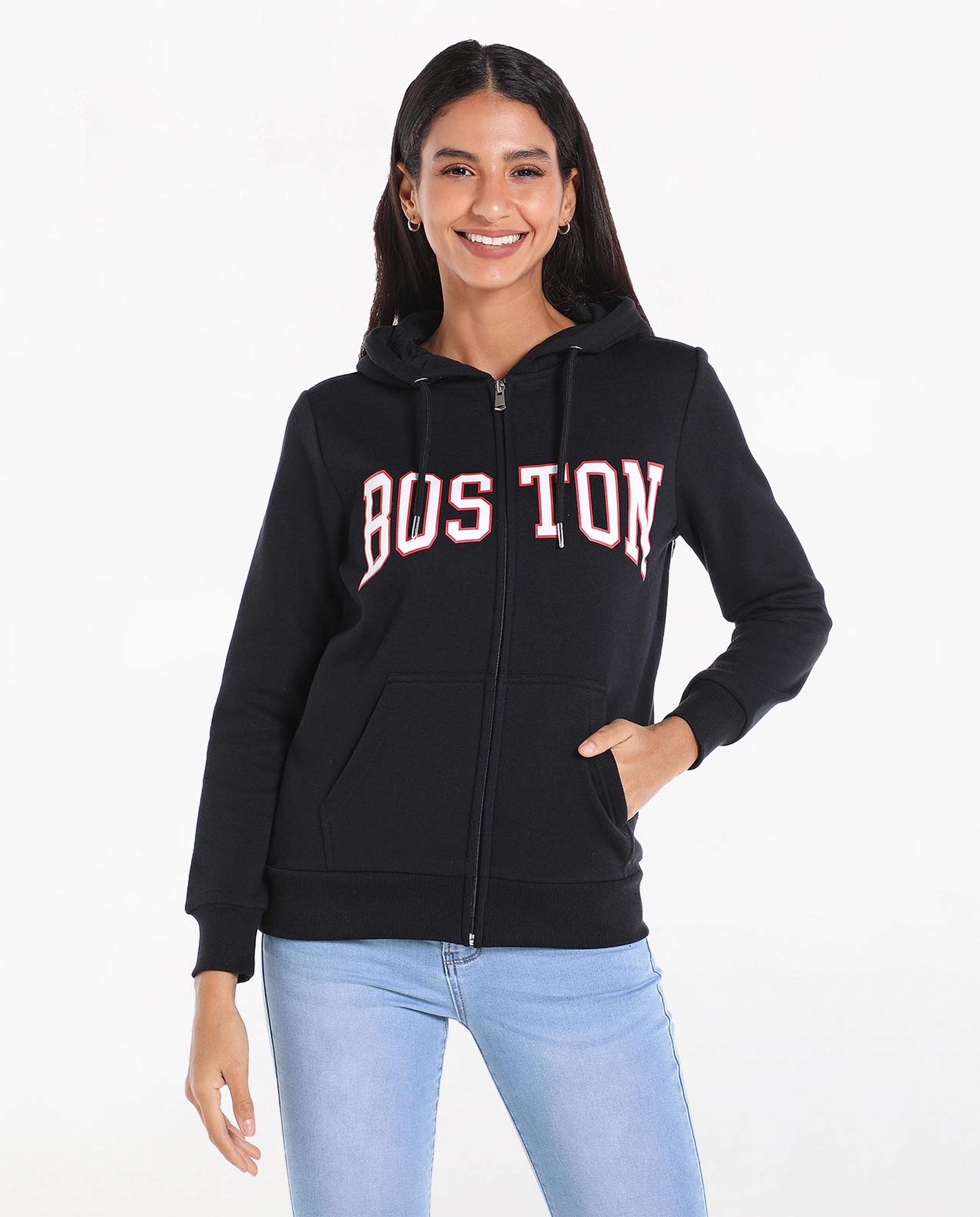 Typography Printed Hooded Sweatshirt with Zippered Closure