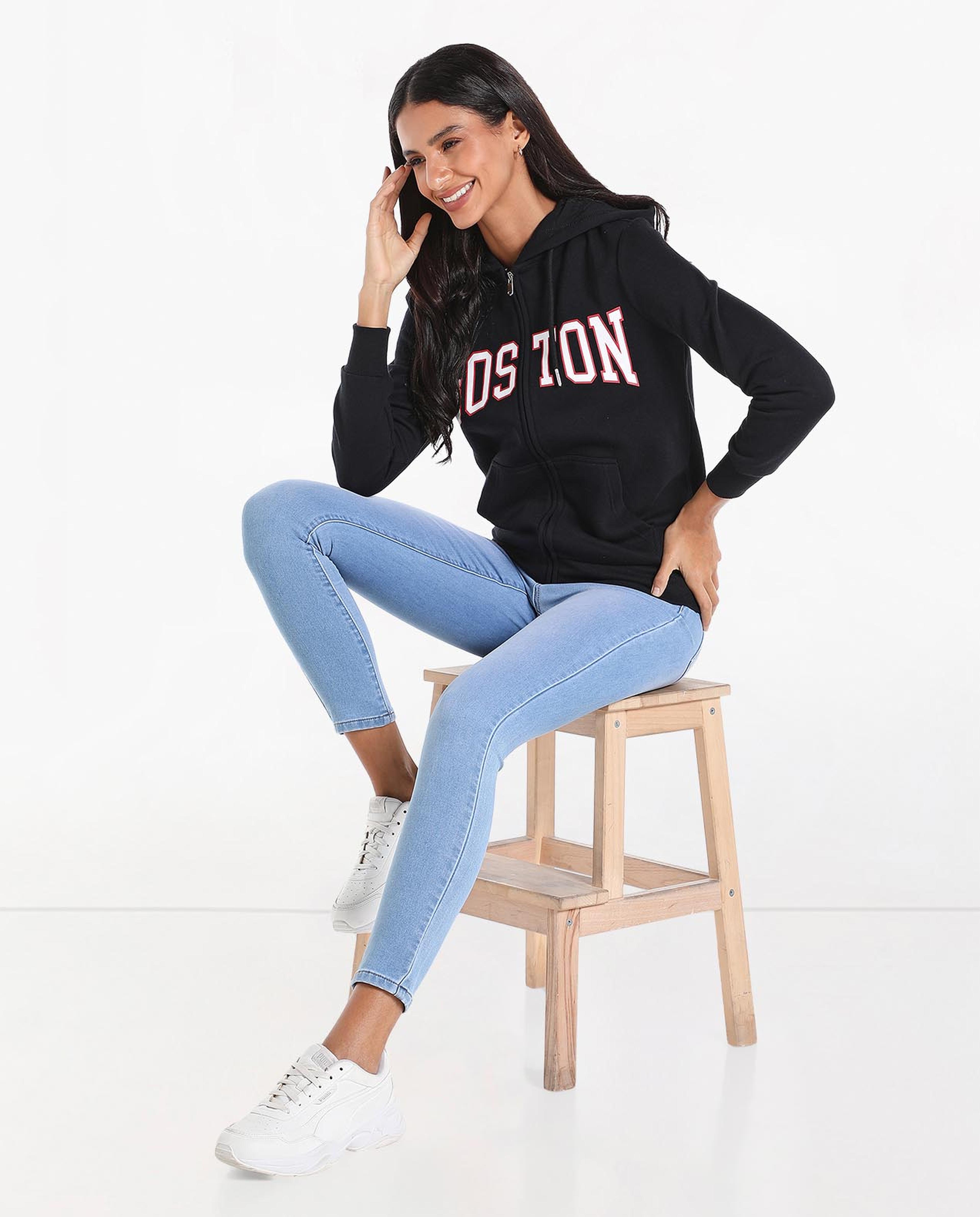Typography Printed Hooded Sweatshirt with Zippered Closure