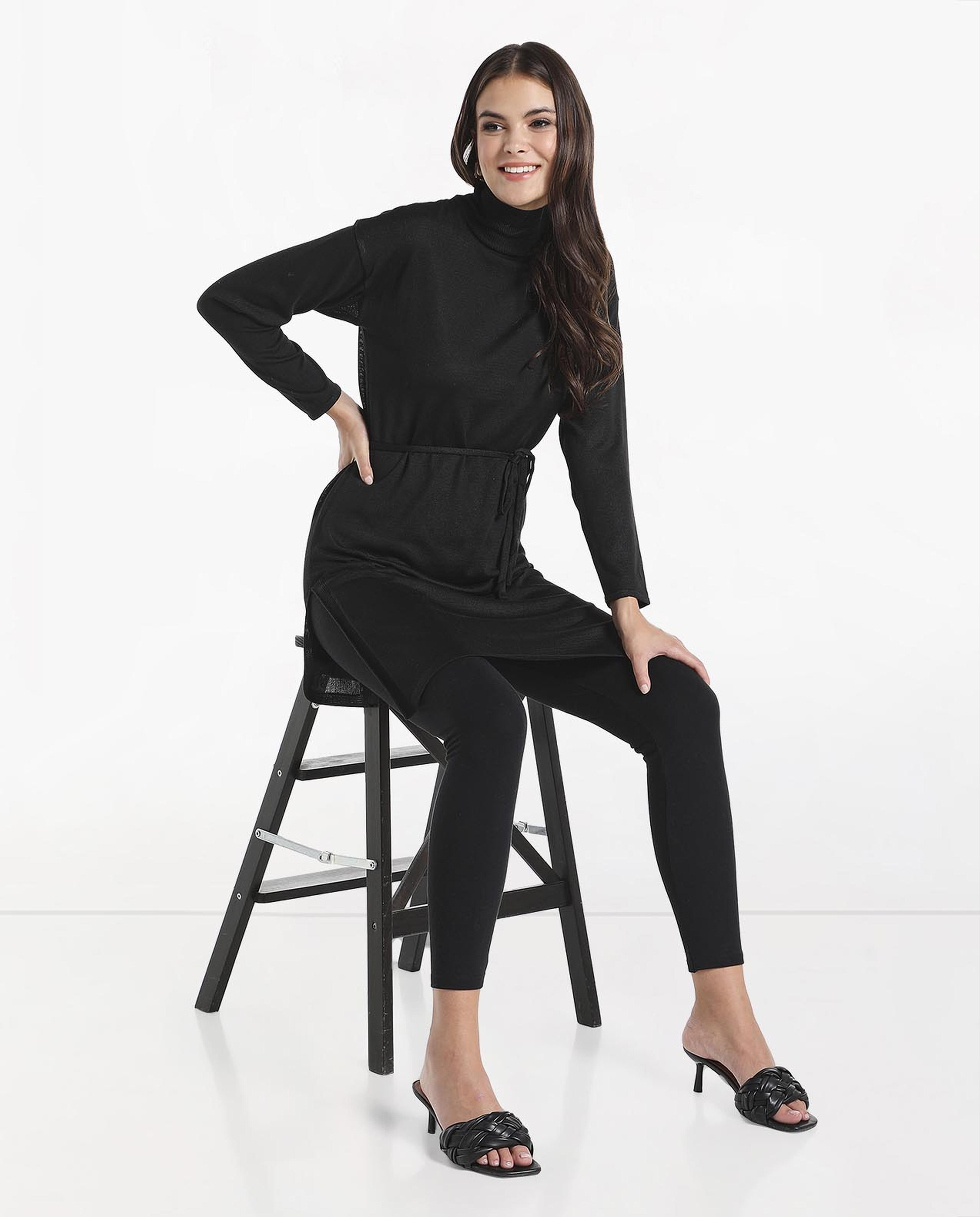 Solid Sweater Dress with Turtle Neck and Side Slits