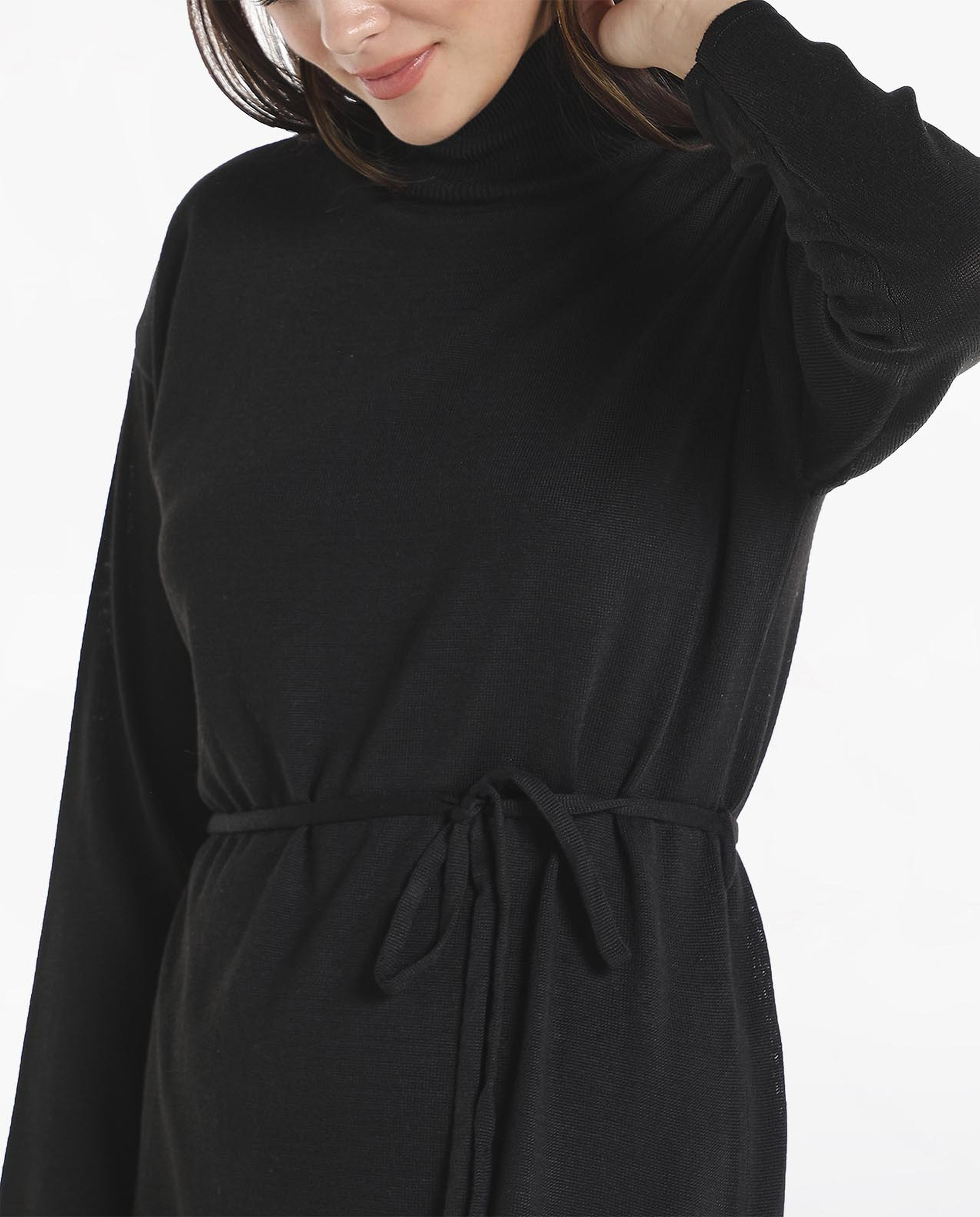 Solid Sweater Dress with Turtle Neck and Side Slits