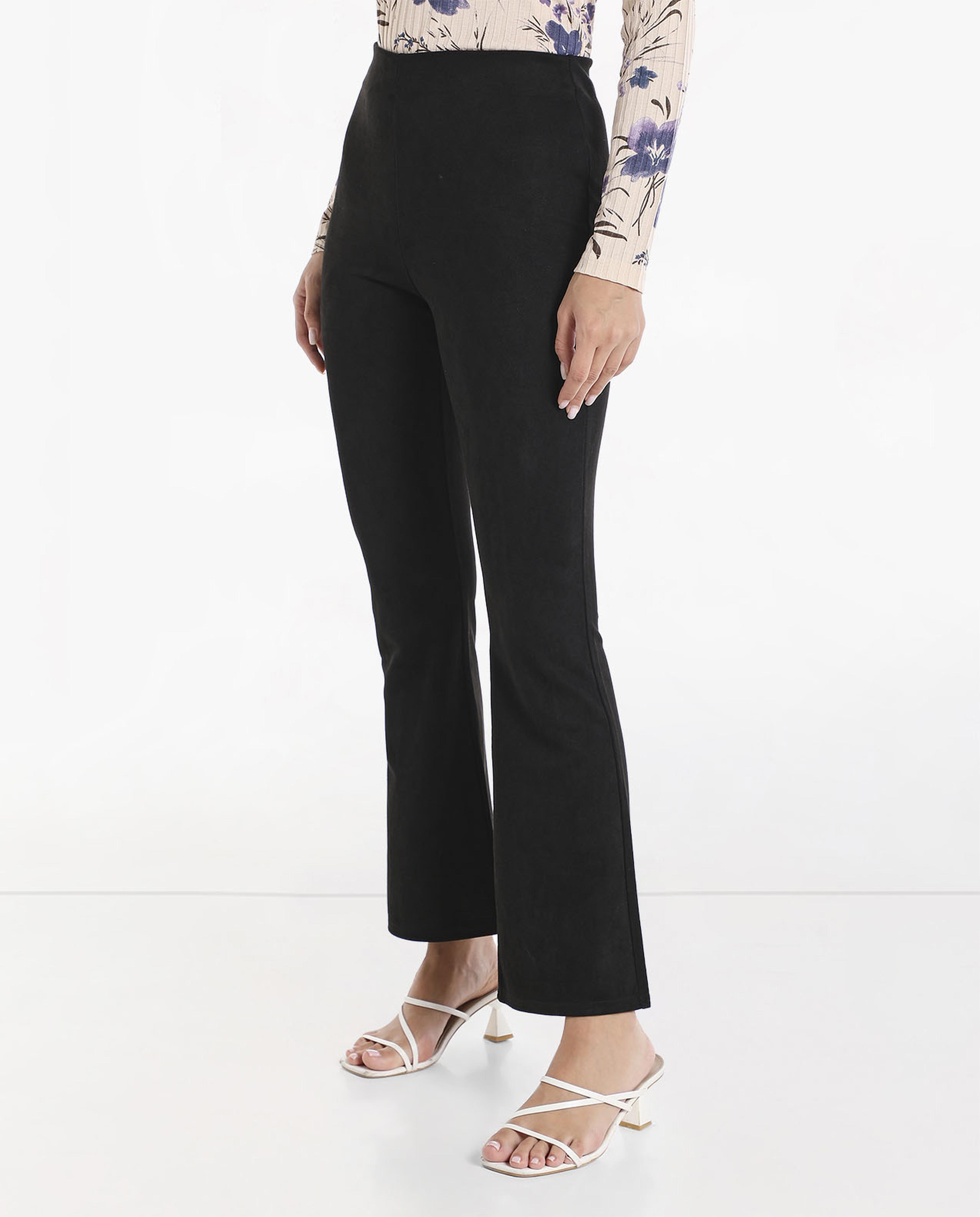 Solid High Rise Boot-Cut Treggings with Slip-On Closure