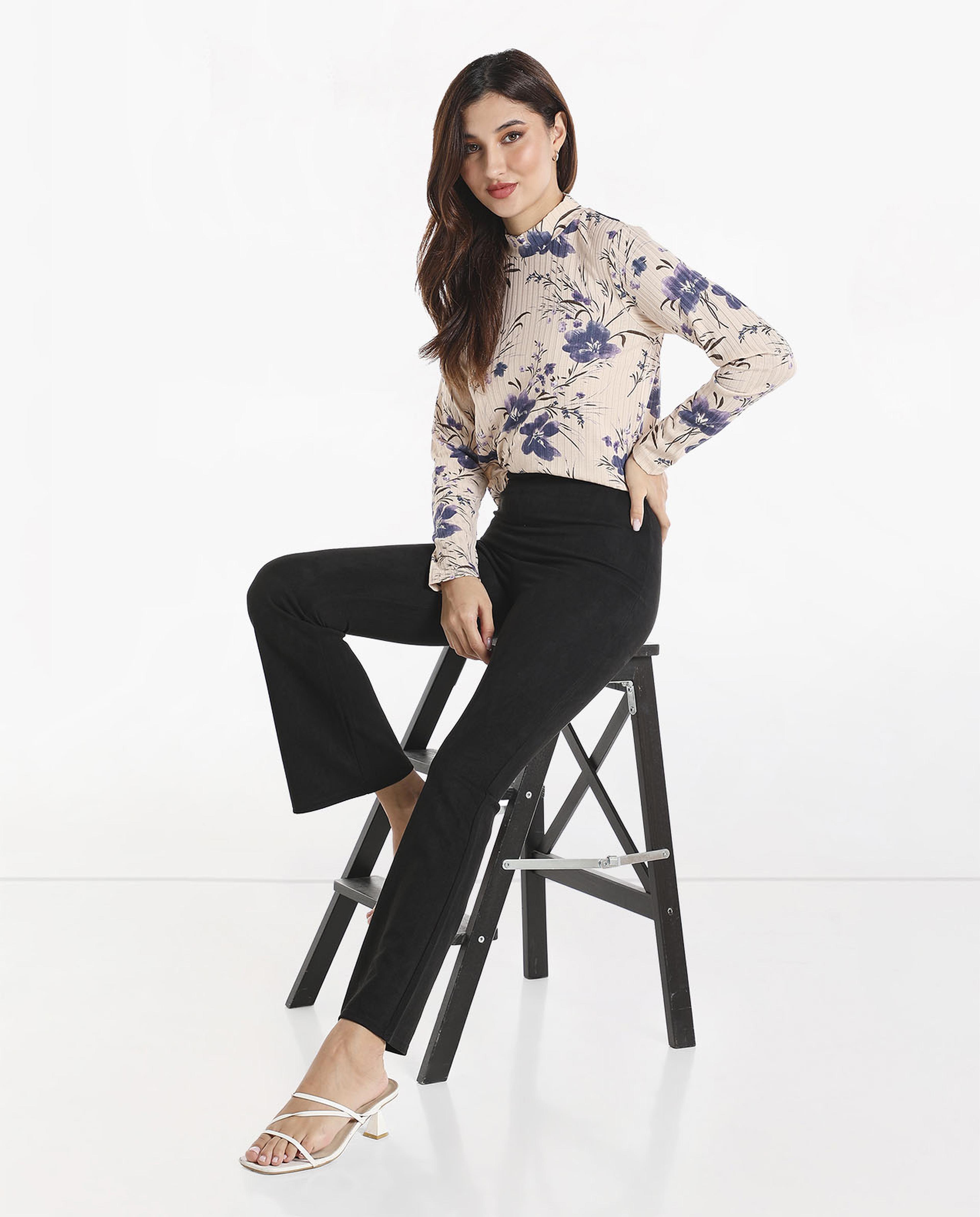 Solid High Rise Boot-Cut Treggings with Slip-On Closure