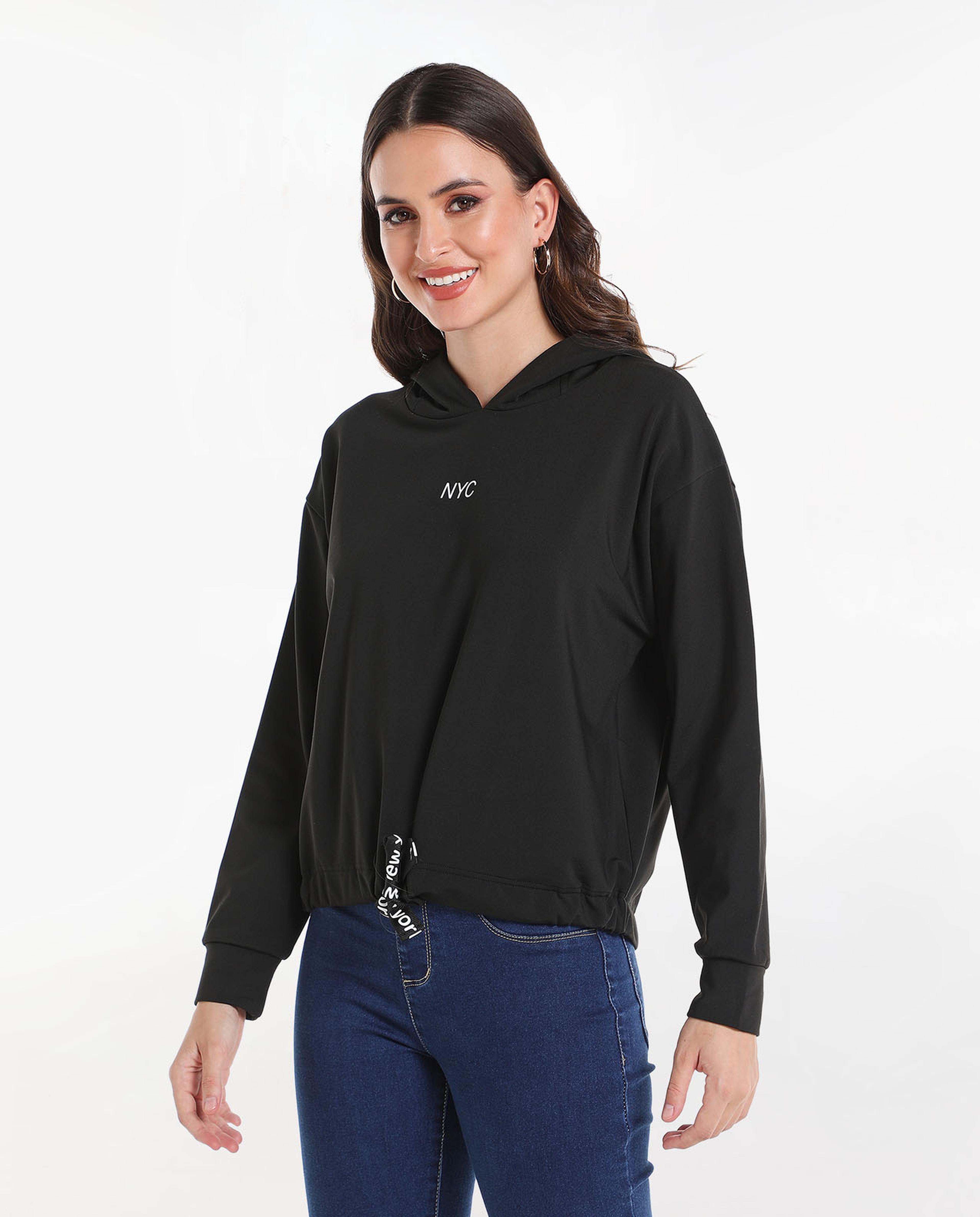 Solid Sweatshirt with Hood and Drop Shoulder Sleeves
