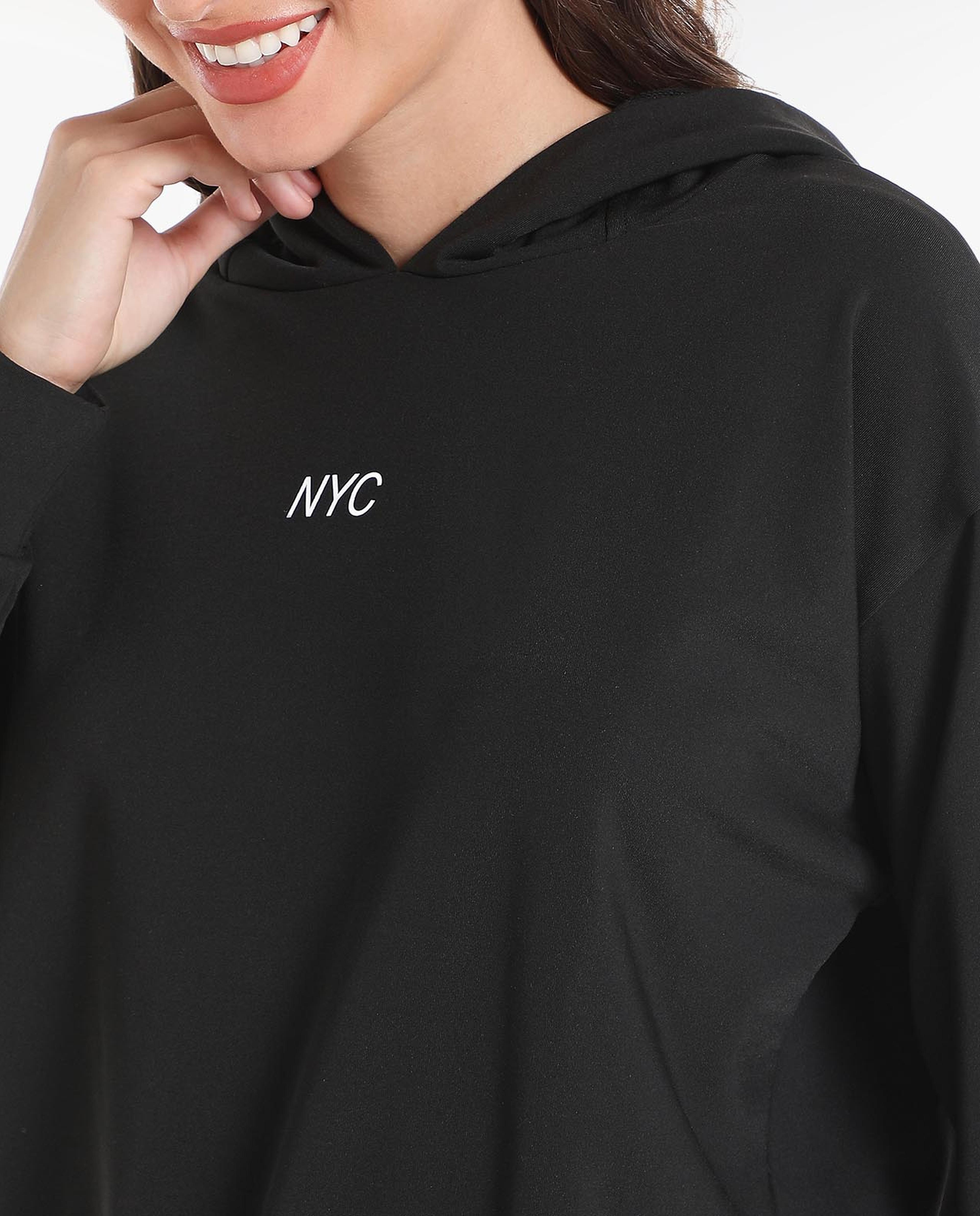 Solid Sweatshirt with Hood and Drop Shoulder Sleeves