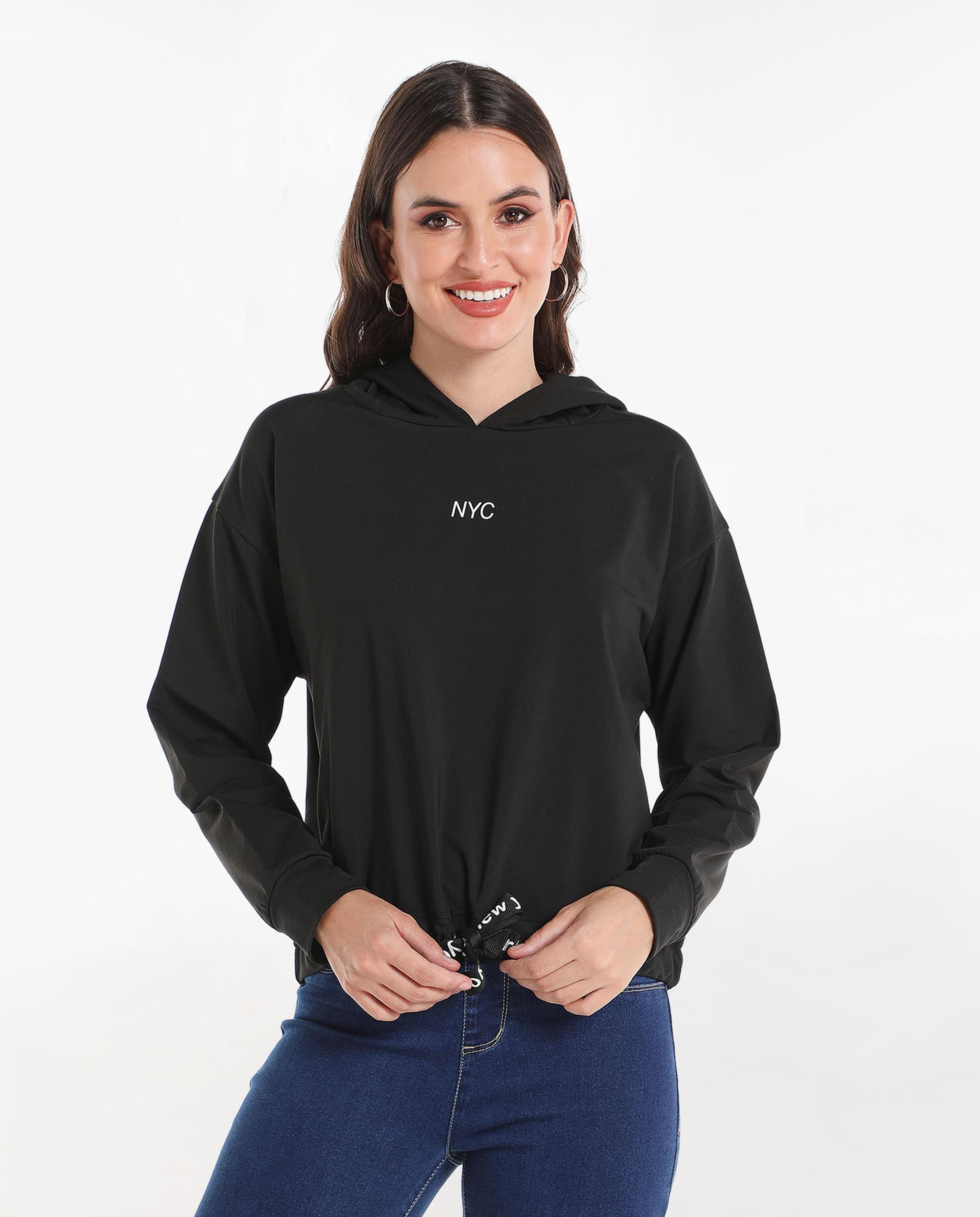 Solid Sweatshirt with Hood and Drop Shoulder Sleeves