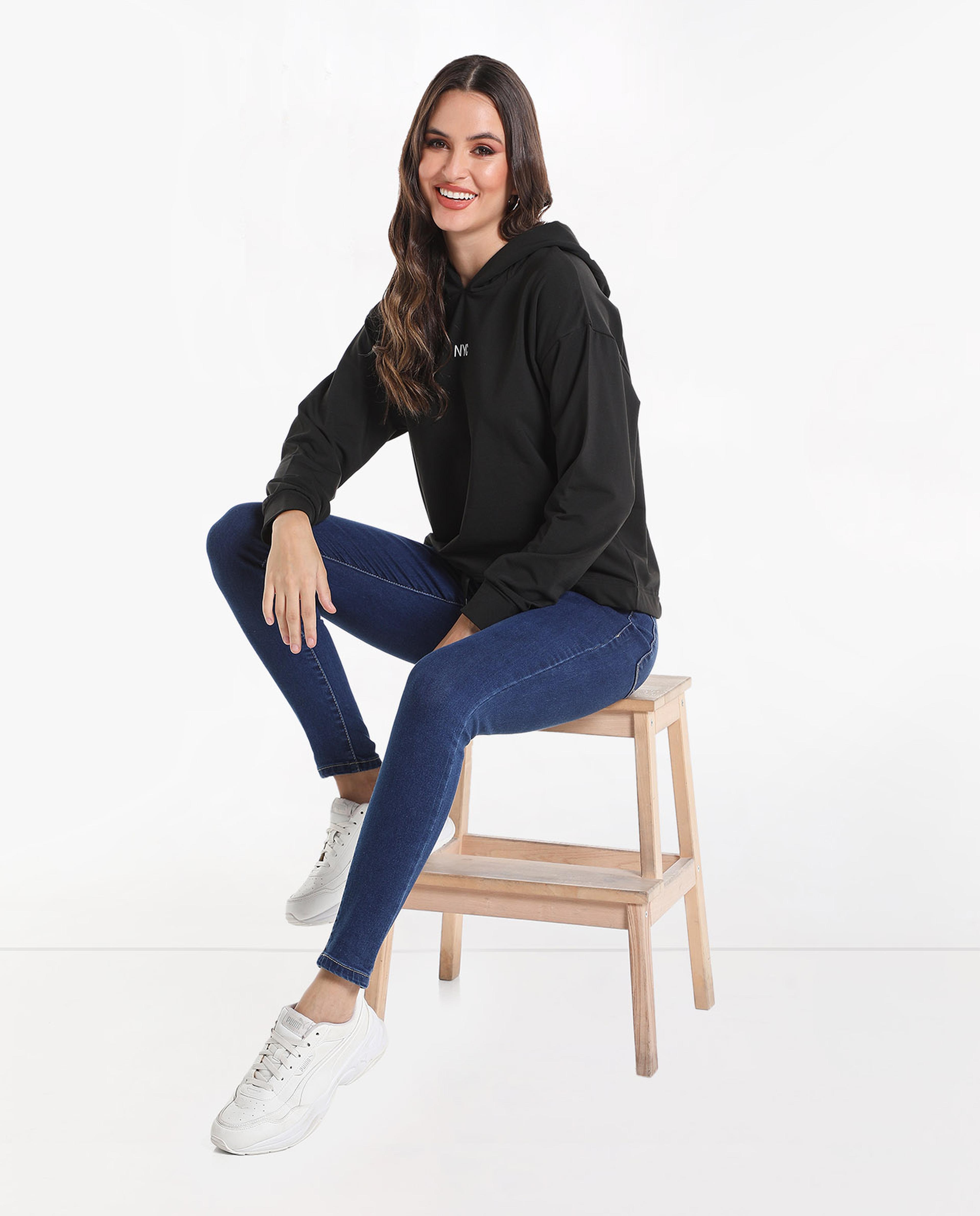 Solid Sweatshirt with Hood and Drop Shoulder Sleeves