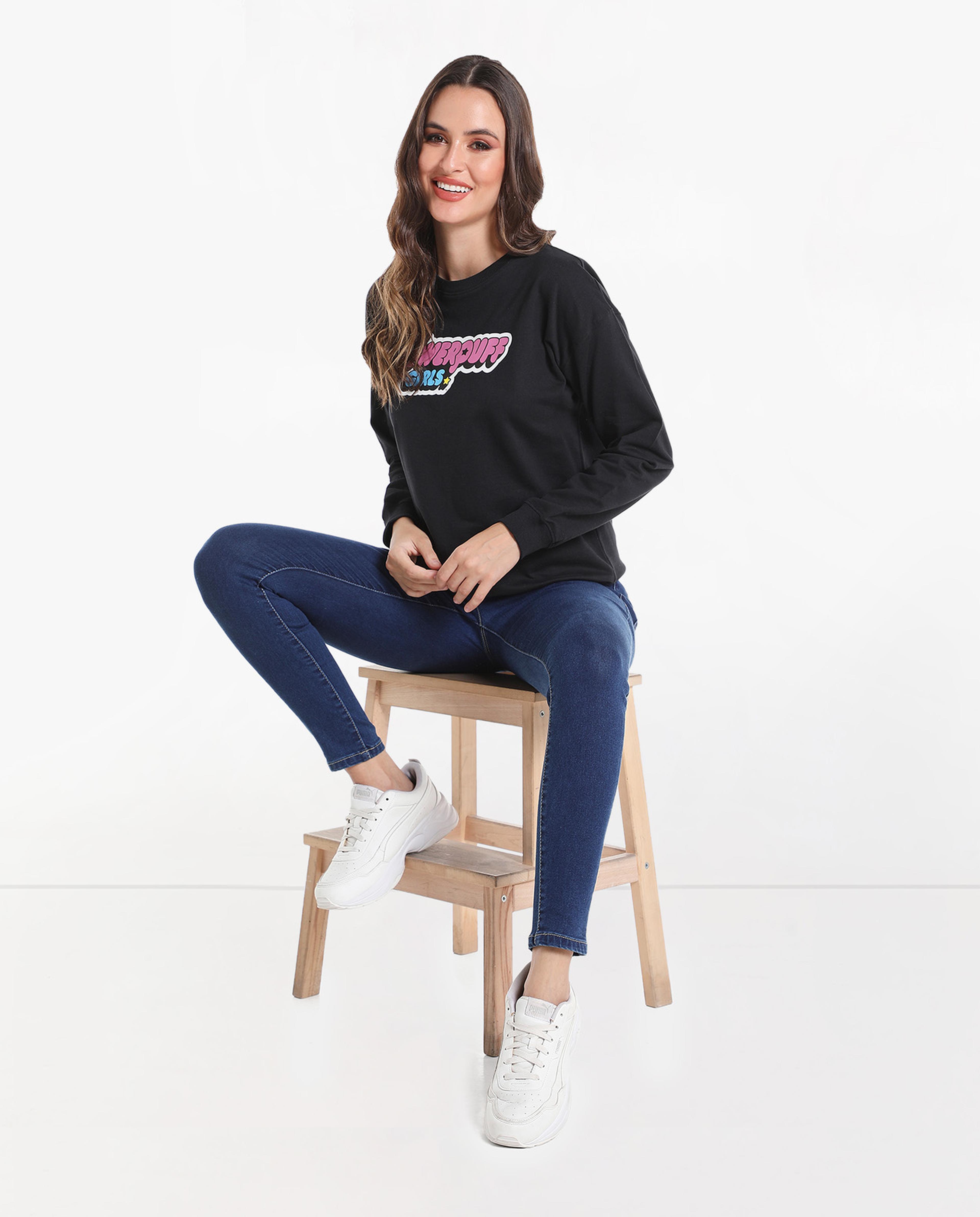 Power Puff Girls Printed Sweatshirt with Drop Shoulder Sleeves