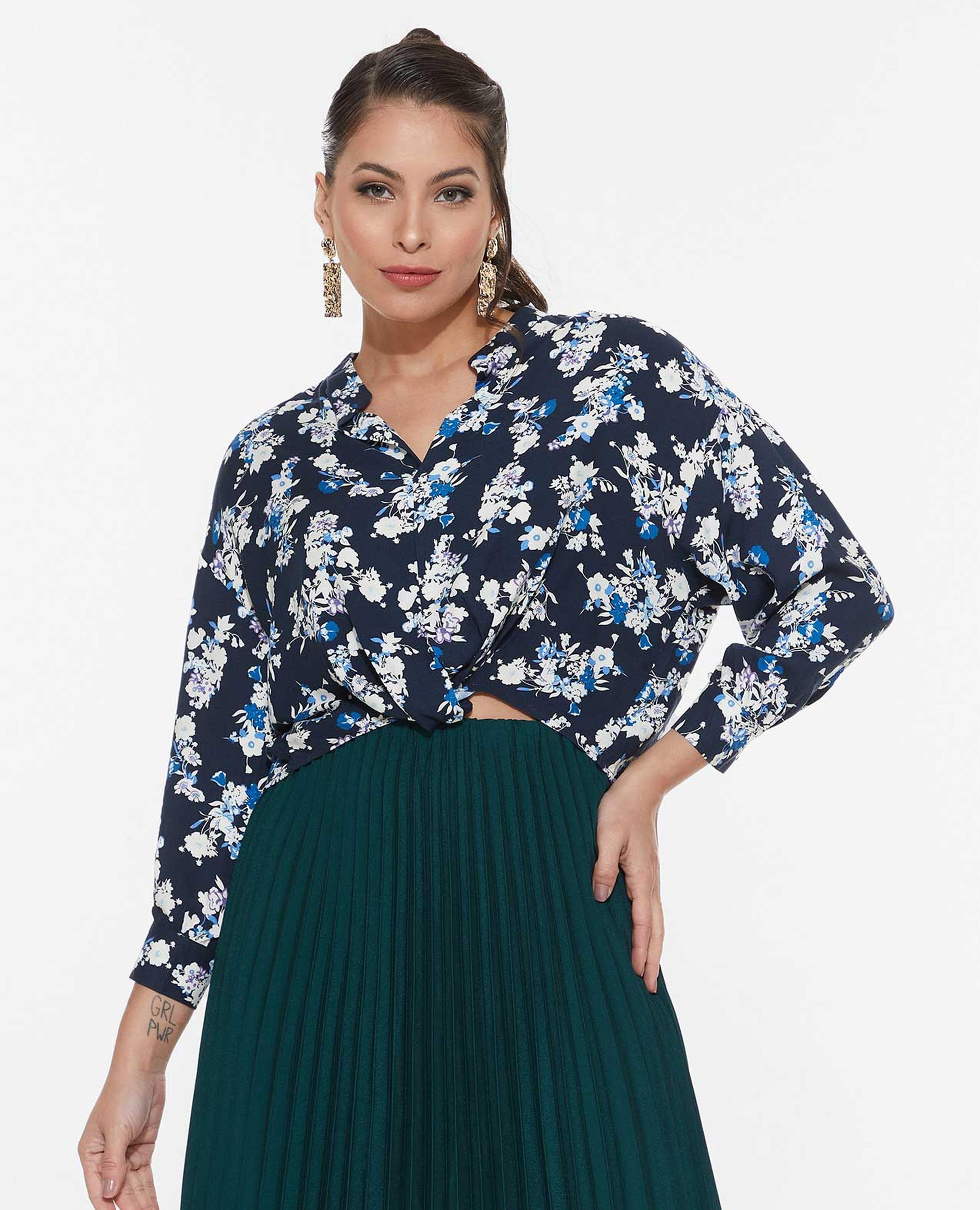 Floral Top with Stand Collar and Long Sleeves